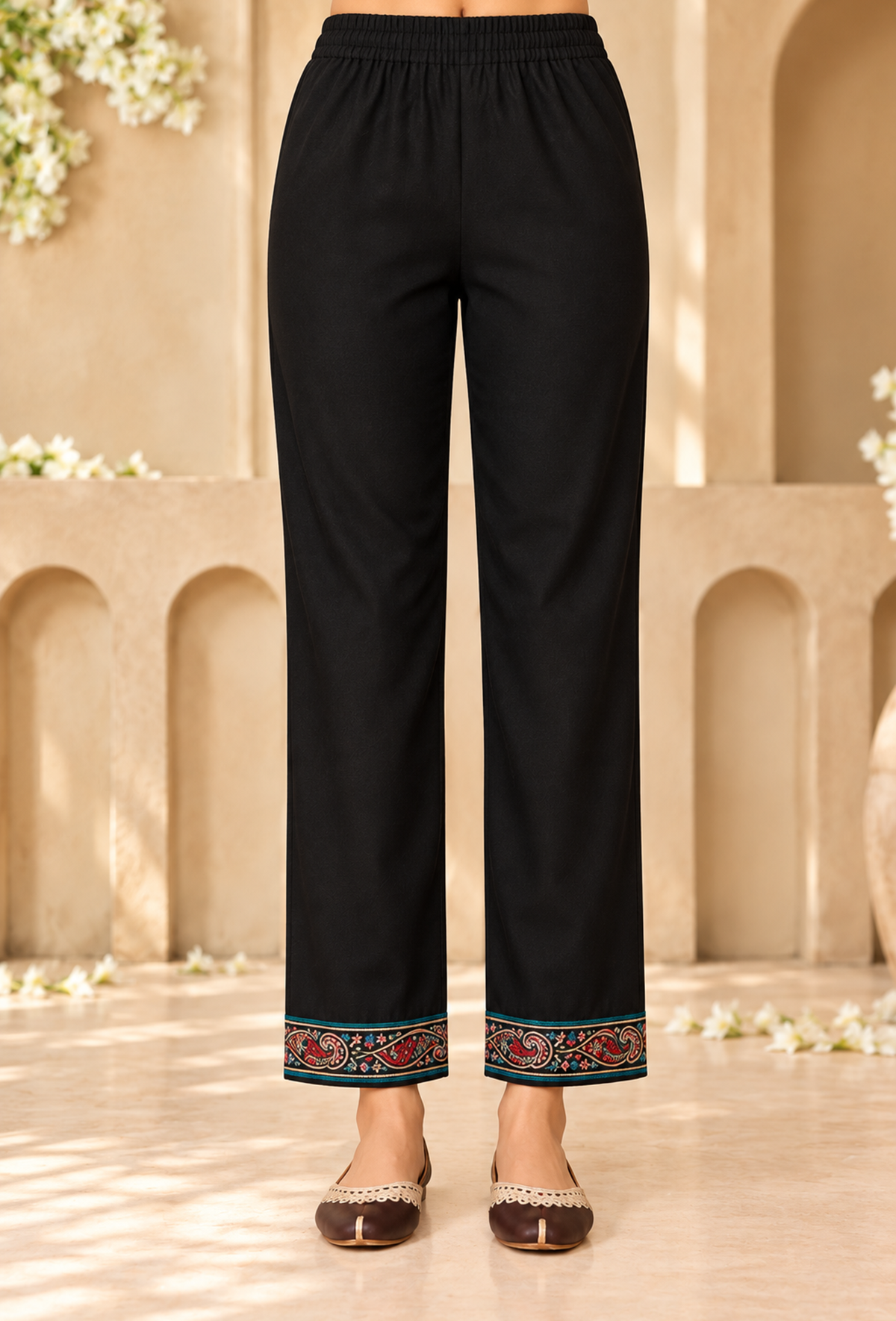Midnight Teal Cashmilon Kashmiri Embroidered Lace Pant With Pockets サイズ S