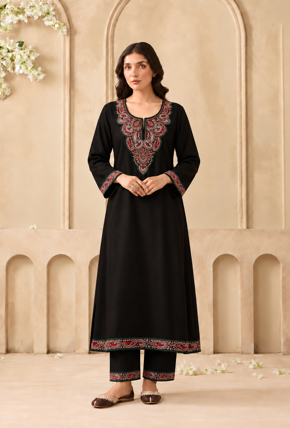 Set of 2: Midnight Paisley Cashmilon Kashmiri Embroidered Lace Phiran with Pant パンツ M