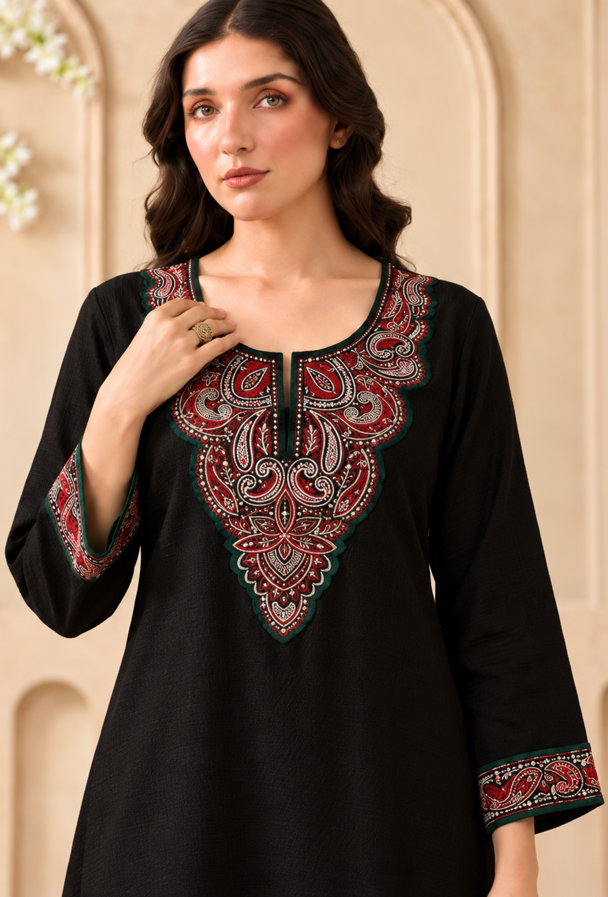 Set of 2: Midnight Paisley Cashmilon Kashmiri Embroidered Lace Phiran with Pant パンツ L