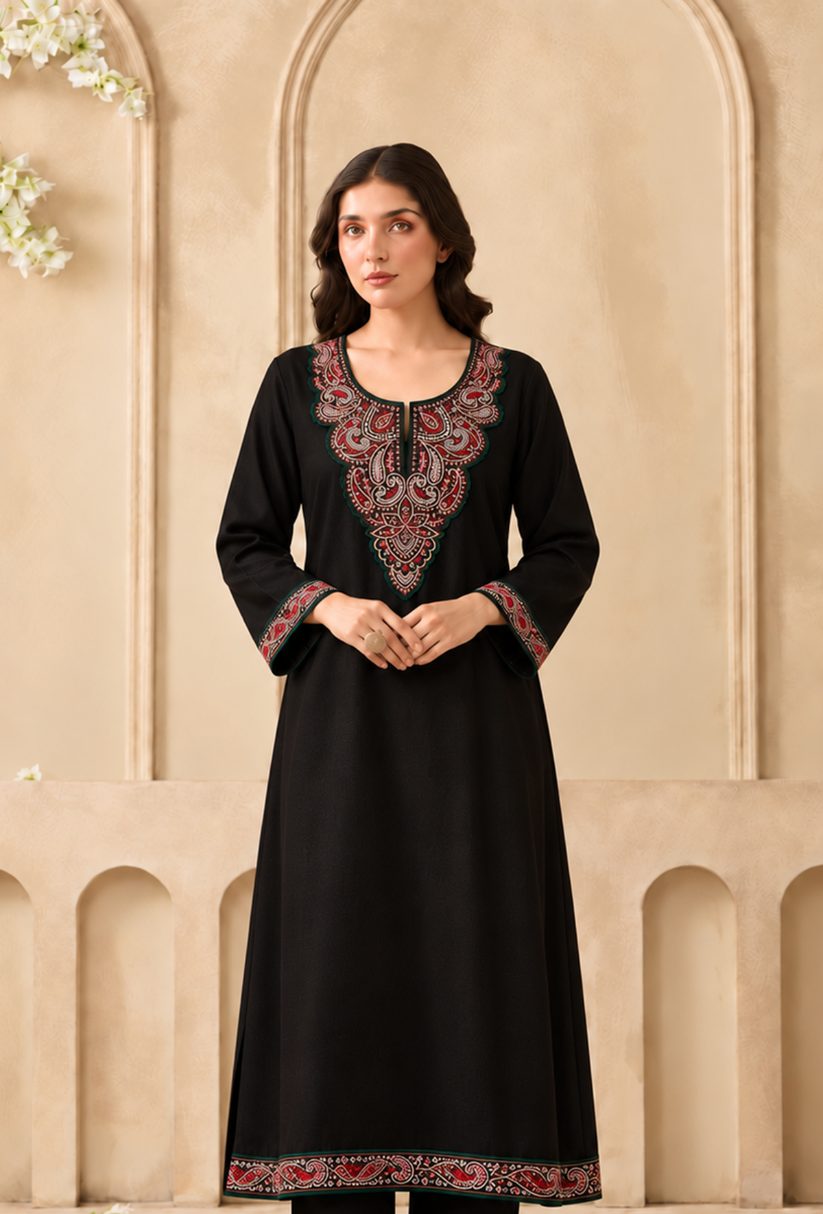 Midnight Paisley Cashmilon Kashmiri Embroidered Lace Phiran サイズ フリーサイズ