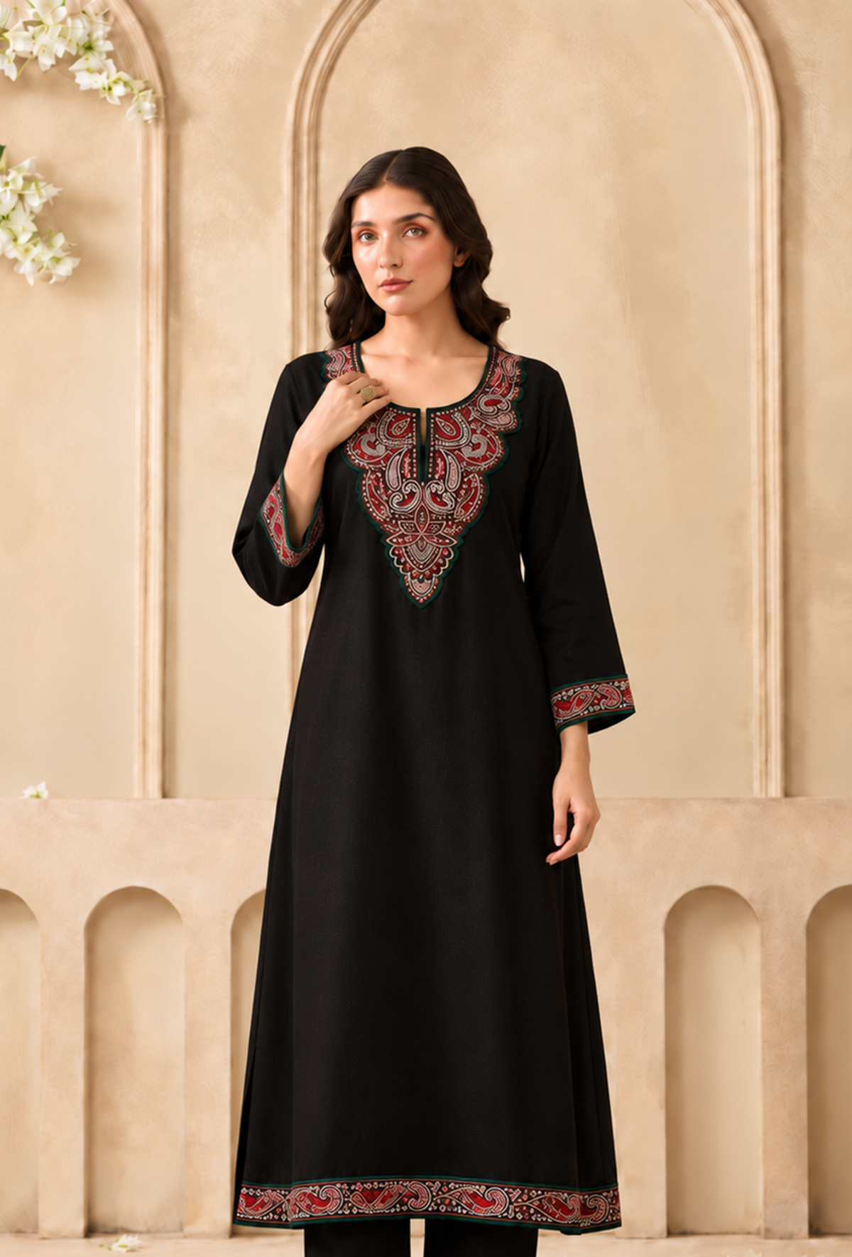 Midnight Paisley Cashmilon Kashmiri Embroidered Lace Phiran サイズ フリーサイズ