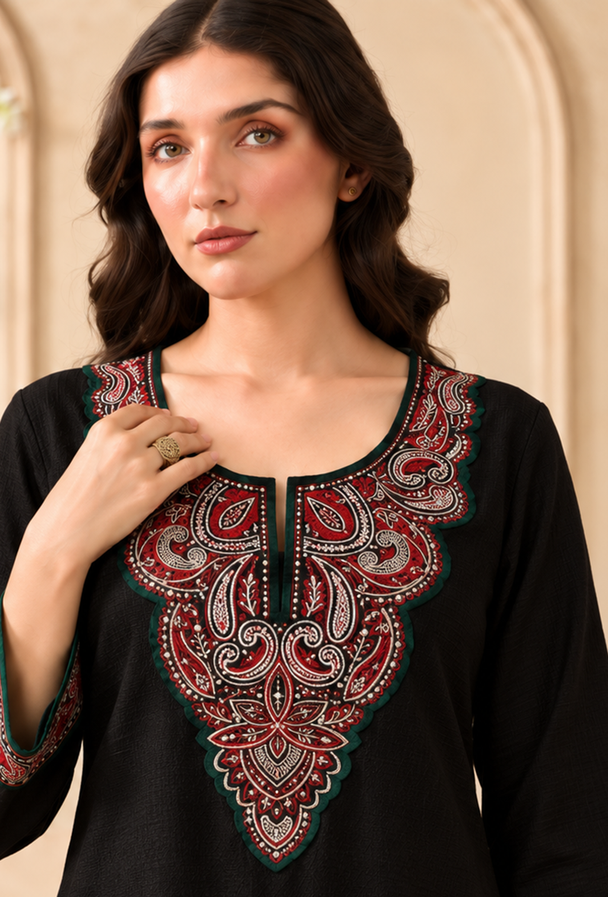 Midnight Paisley Cashmilon Kashmiri Embroidered Lace Phiran サイズ フリーサイズ