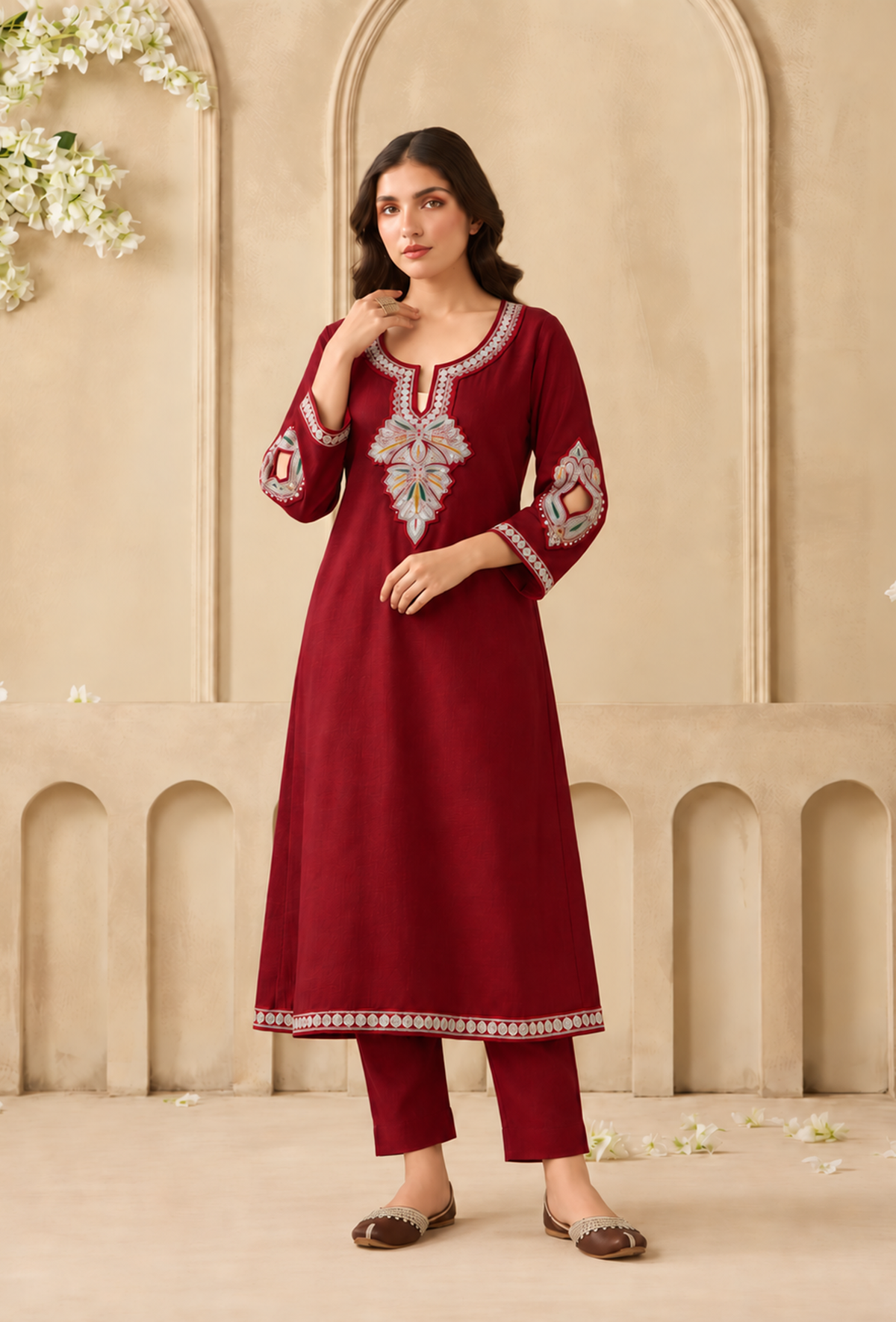 Set of 2: Crimson Bloom Cashmilon Kashmiri Embroidered Lace Phiran with Pant パンツ M