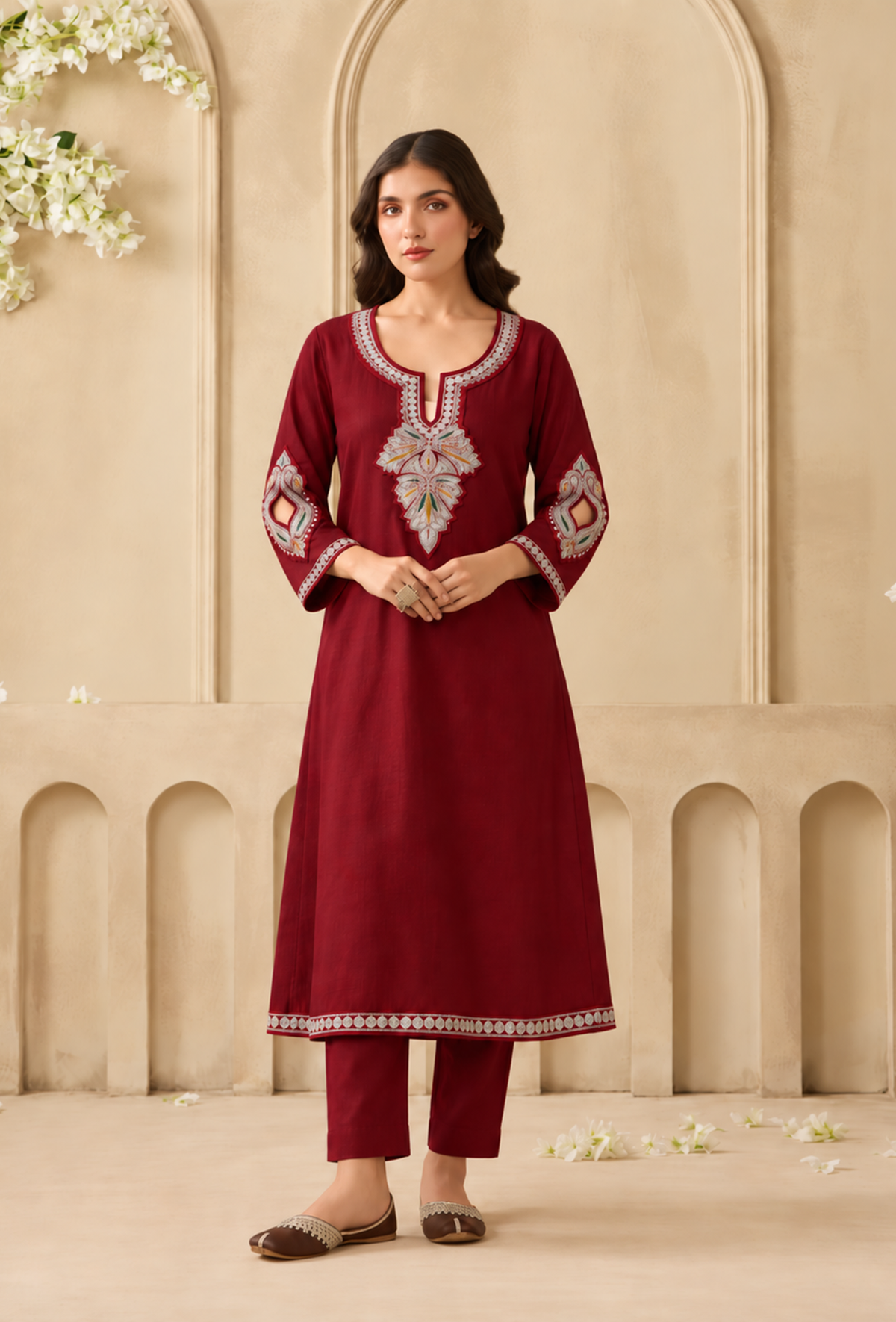 Set of 2: Crimson Bloom Cashmilon Kashmiri Embroidered Lace Phiran with Pant パンツ M