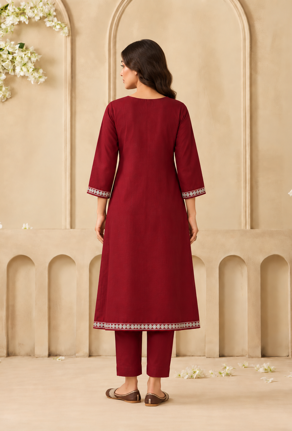 Set of 2: Crimson Bloom Cashmilon Kashmiri Embroidered Lace Phiran with Pant パンツ S