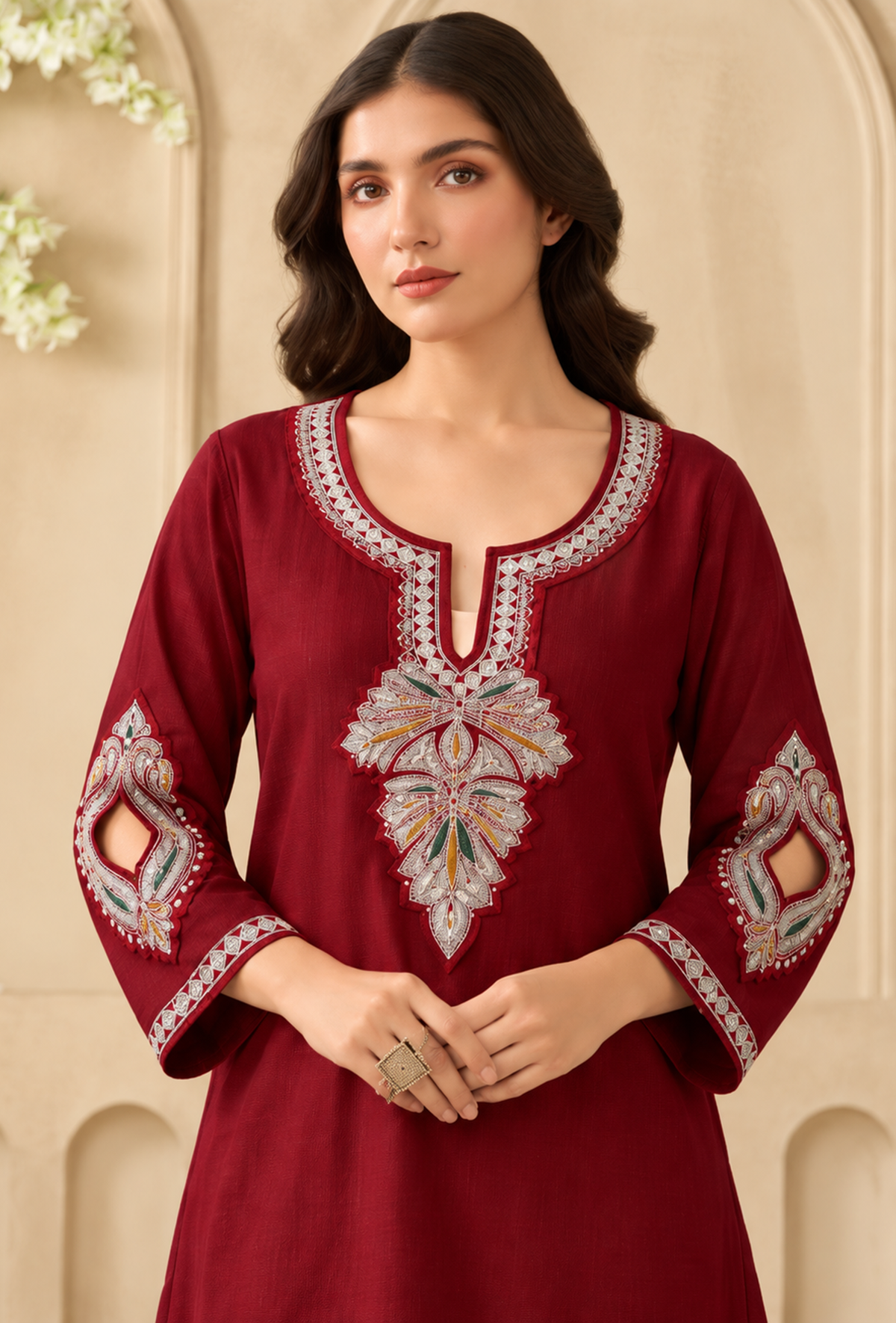Set of 2: Crimson Bloom Cashmilon Kashmiri Embroidered Lace Phiran with Pant パンツ XXL