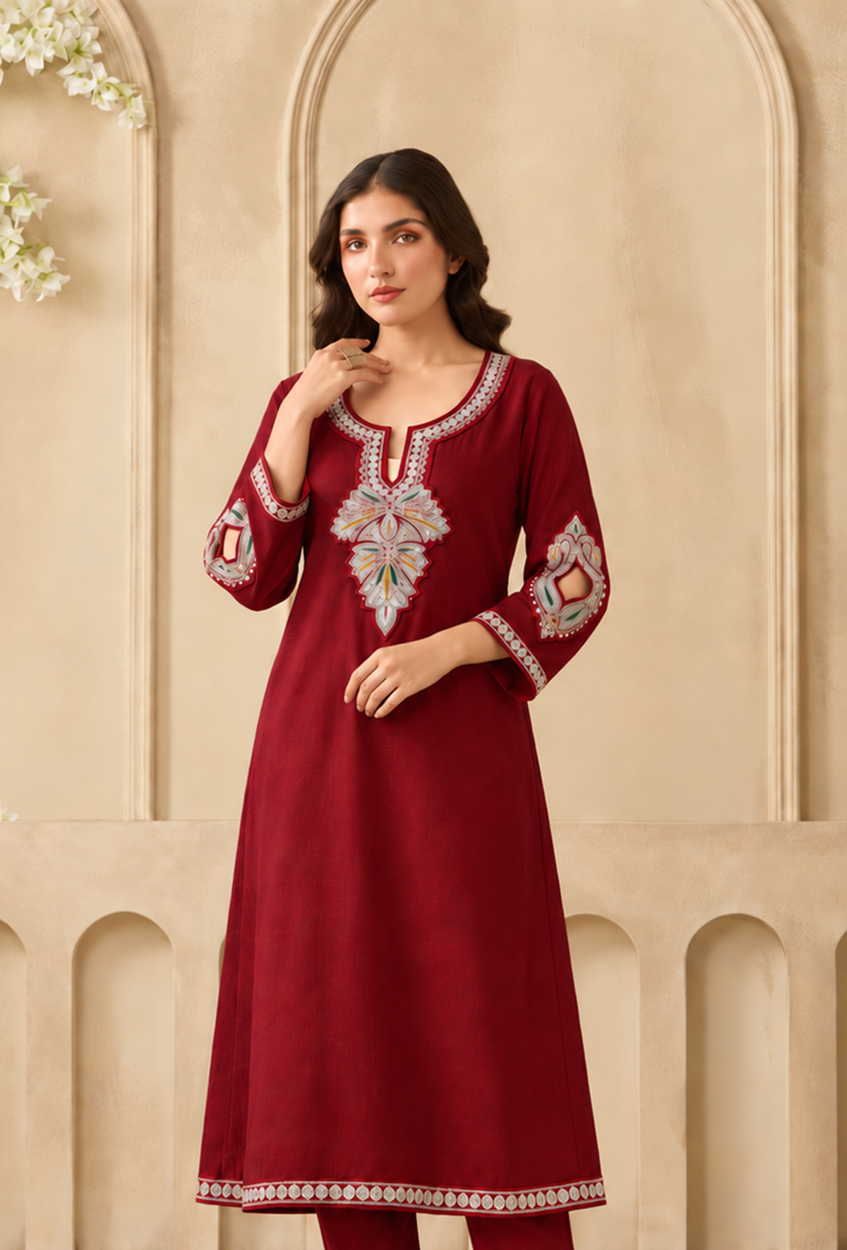 Crimson Bloom Cashmilon Kashmiri Embroidered Lace Phiran サイズ フリーサイズ