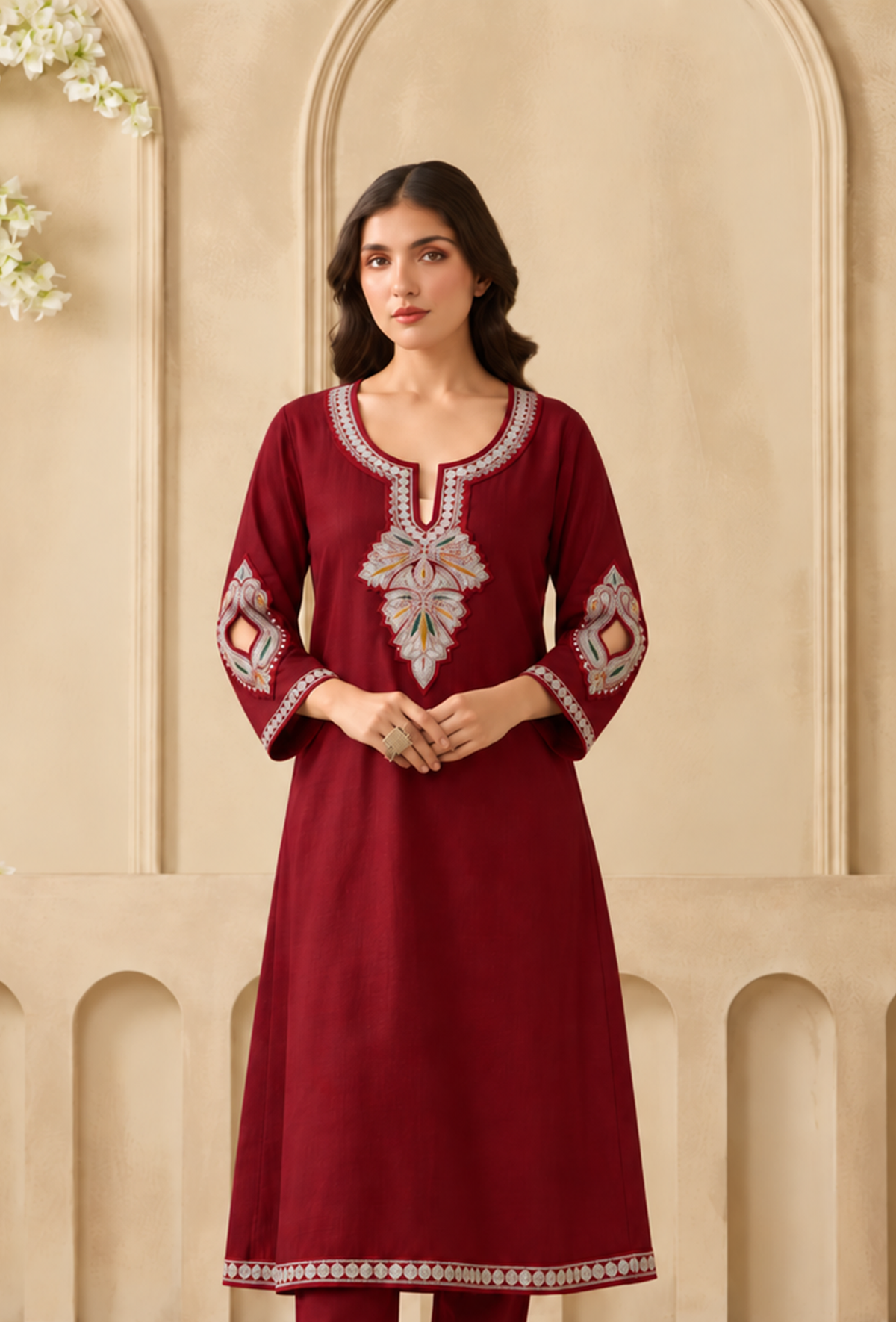 Crimson Bloom Cashmilon Kashmiri Embroidered Lace Phiran サイズ フリーサイズ