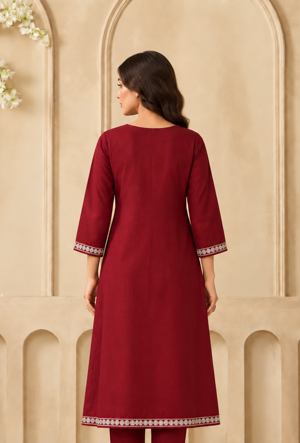 Crimson Bloom Cashmilon Kashmiri Embroidered Lace Phiran サイズ フリーサイズ