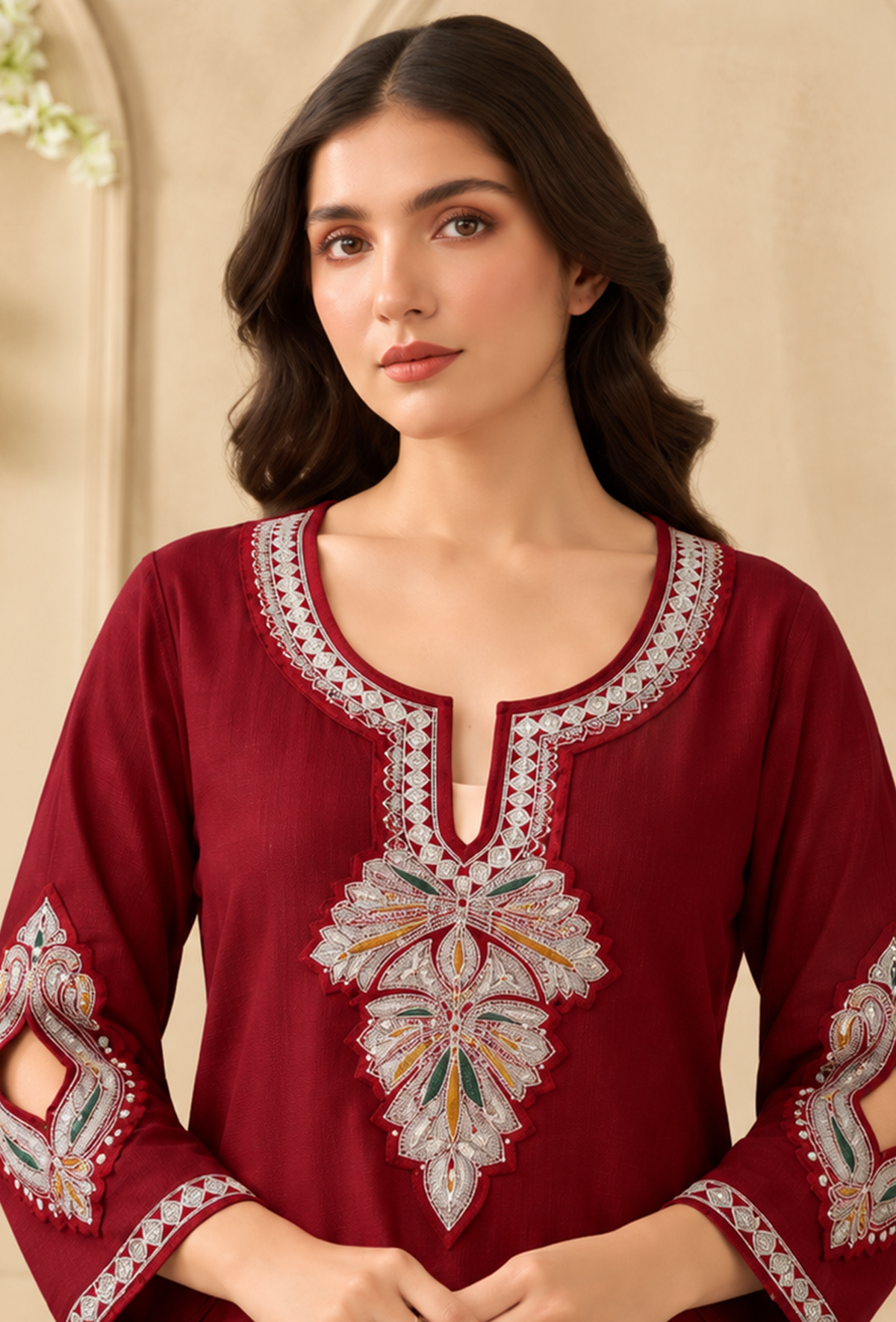 Crimson Bloom Cashmilon Kashmiri Embroidered Lace Phiran サイズ フリーサイズ