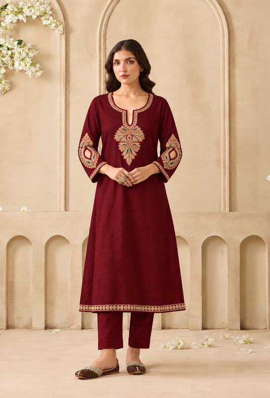 Set of 2: Burgundy Cashmilon Heritage Embroidered Lace Phiran with Pant パンツ M