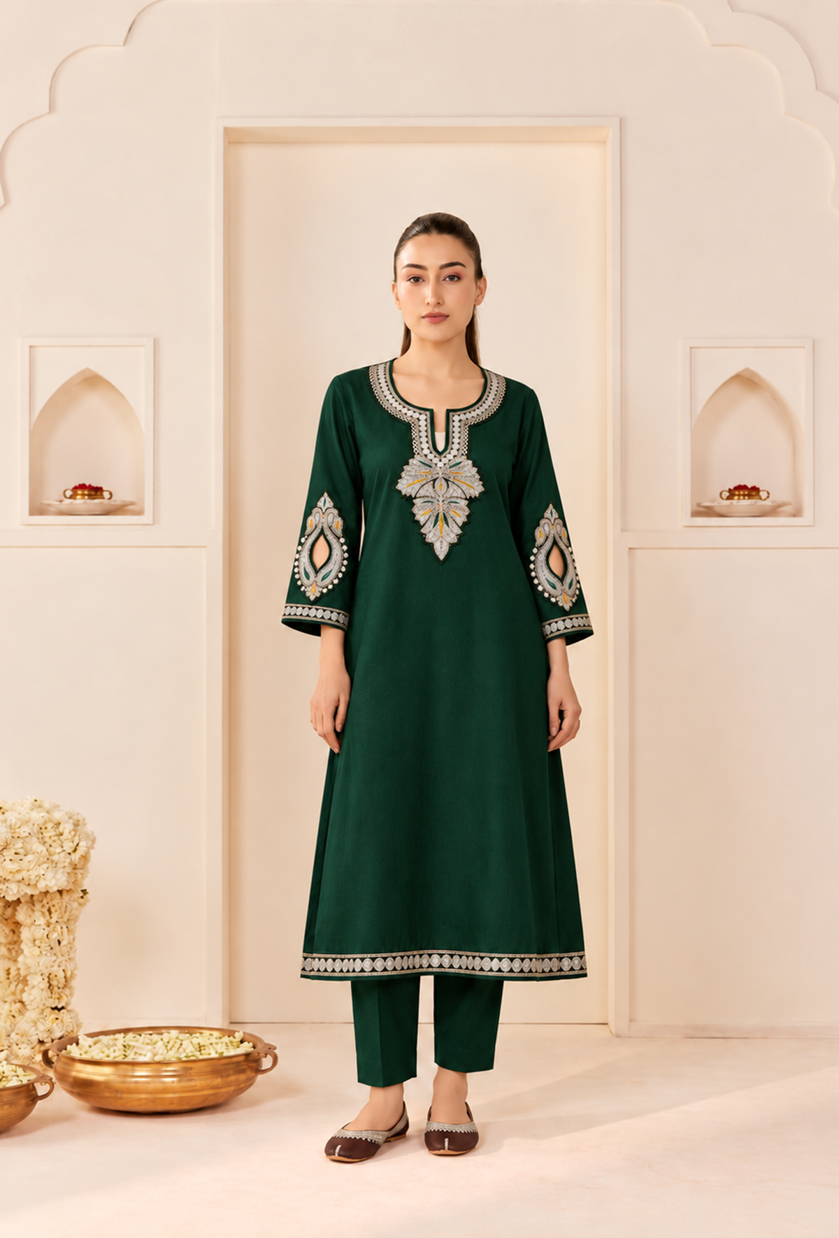 Set of 2: Emerald Grace Cashmilon Kashmiri Embroidered Lace Phiran with Pant パンツ L