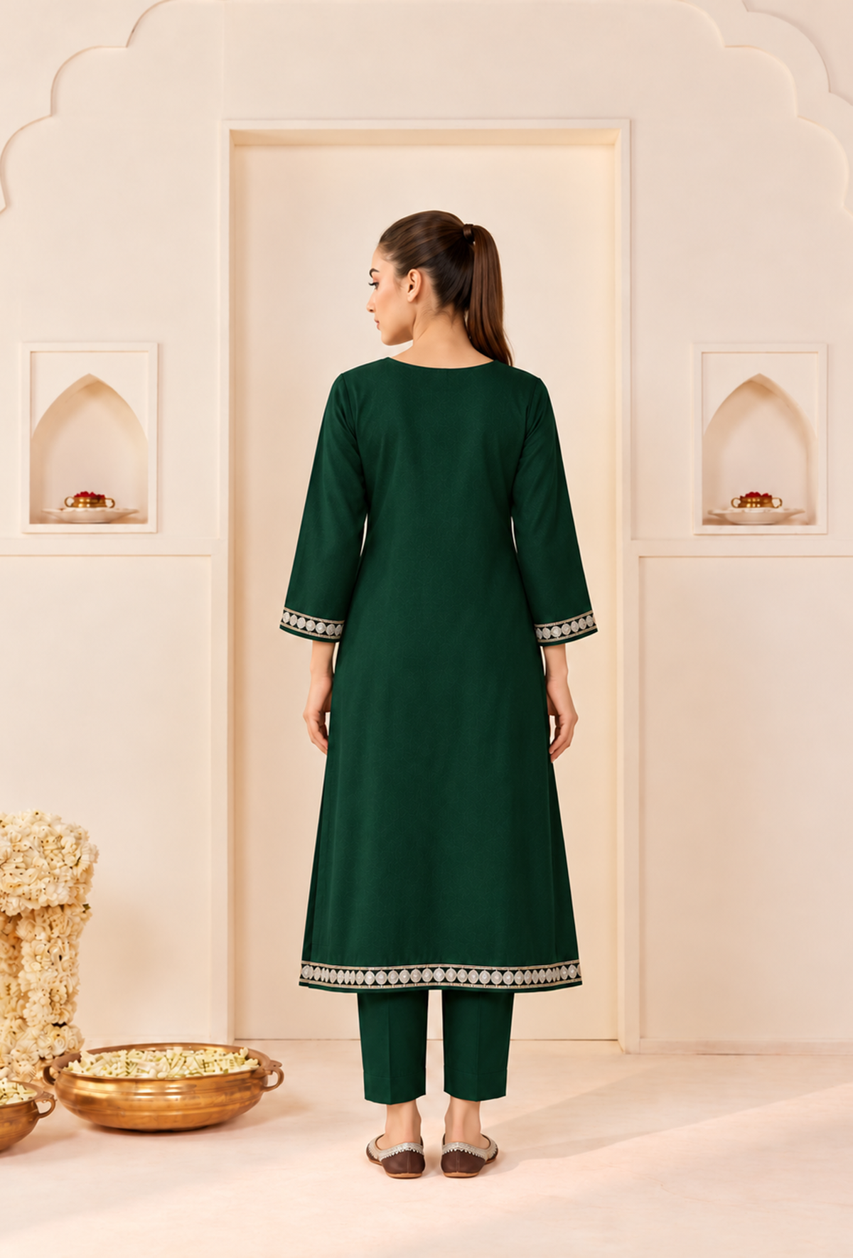 Set of 2: Emerald Grace Cashmilon Kashmiri Embroidered Lace Phiran with Pant パンツ XXL
