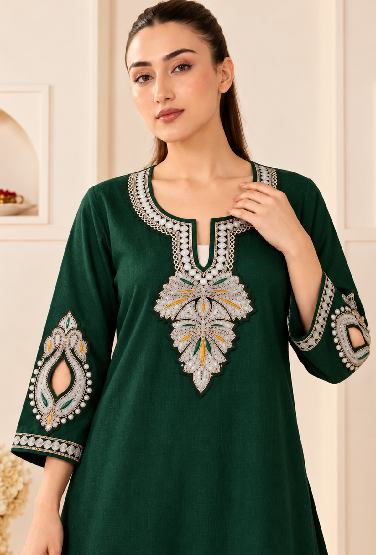 Set of 2: Emerald Grace Cashmilon Kashmiri Embroidered Lace Phiran with Pant パンツ L