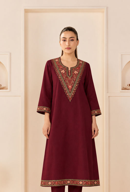 Maroon Heritage Cashmilon Embroidered Lace Phiran サイズ フリーサイズ