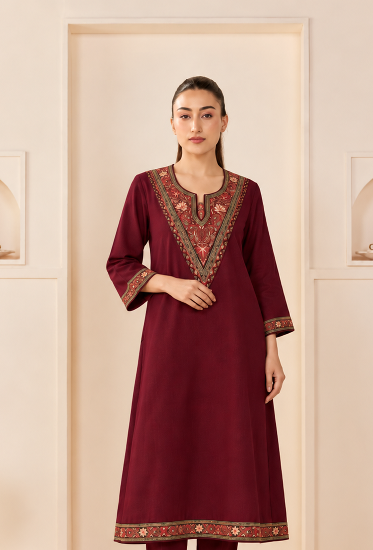Maroon Heritage Cashmilon Embroidered Lace Phiran サイズ フリーサイズ