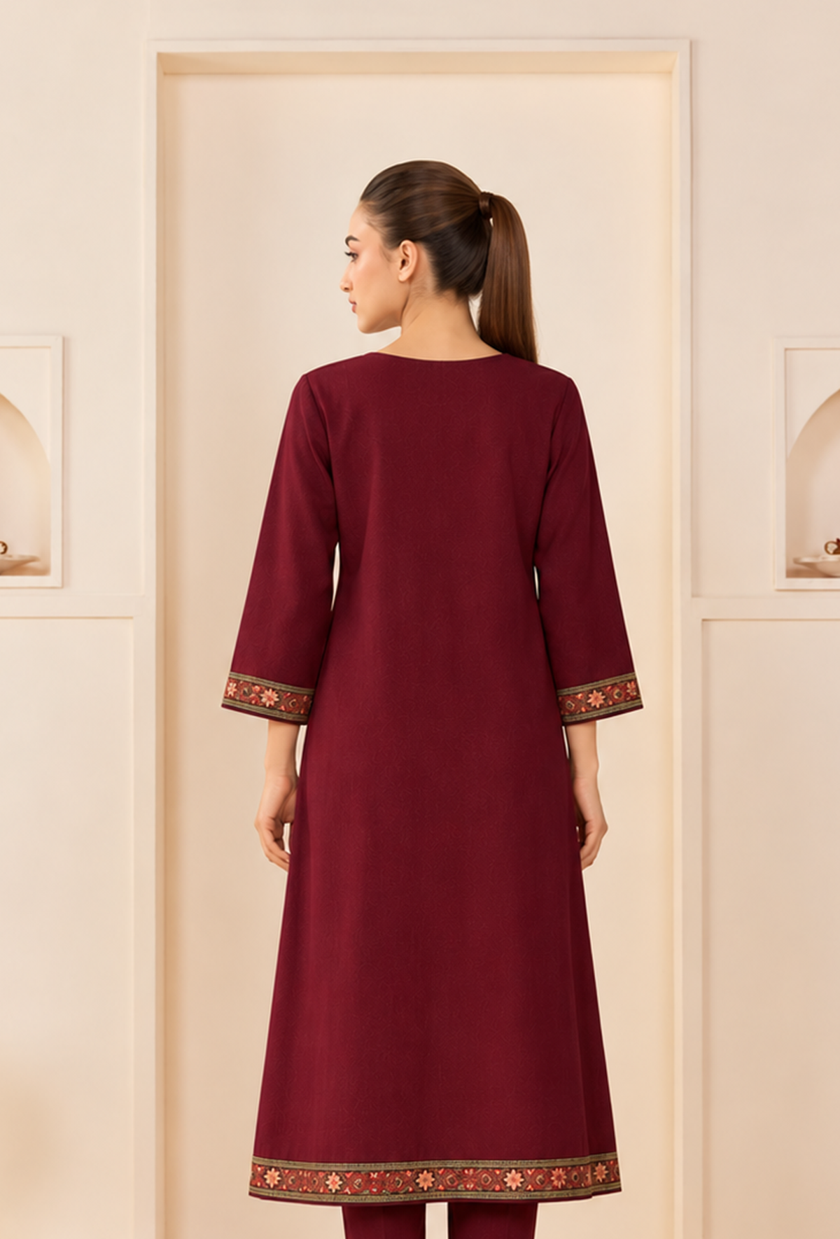 Maroon Heritage Cashmilon Embroidered Lace Phiran サイズ フリーサイズ