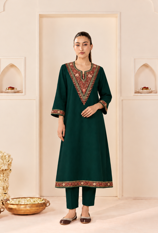 Set of 2: Forest Heritage Cashmilon Kashmiri Embroidered Lace Phiran with Pant パンツ M