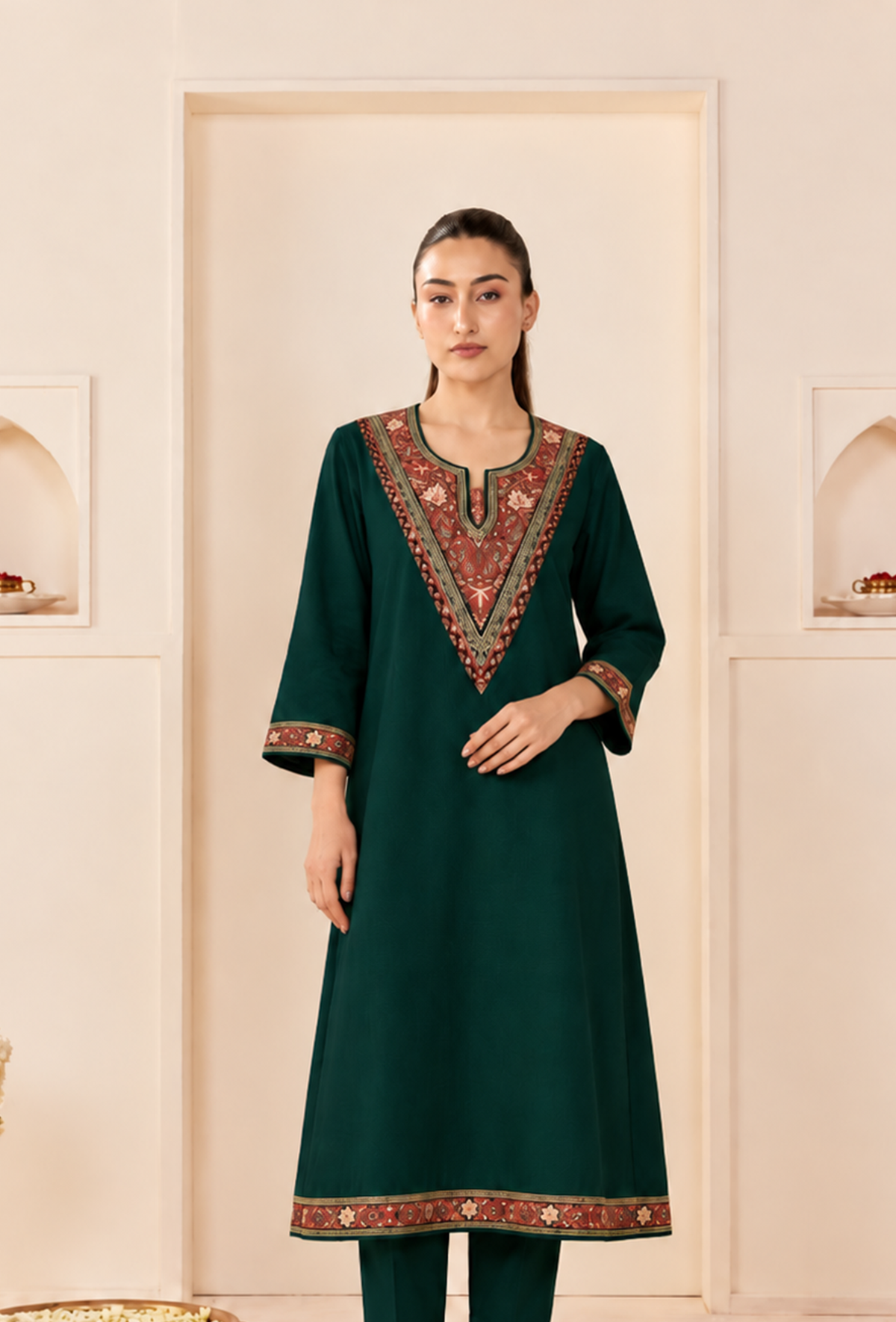 Emerald Cashmilon Kashmiri Embroidered Lace Heritage V-Neck Phiran サイズ フリーサイズ