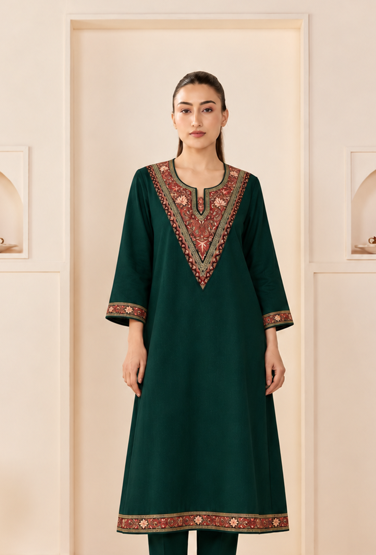 Emerald Cashmilon Kashmiri Embroidered Lace Heritage V-Neck Phiran サイズ フリーサイズ