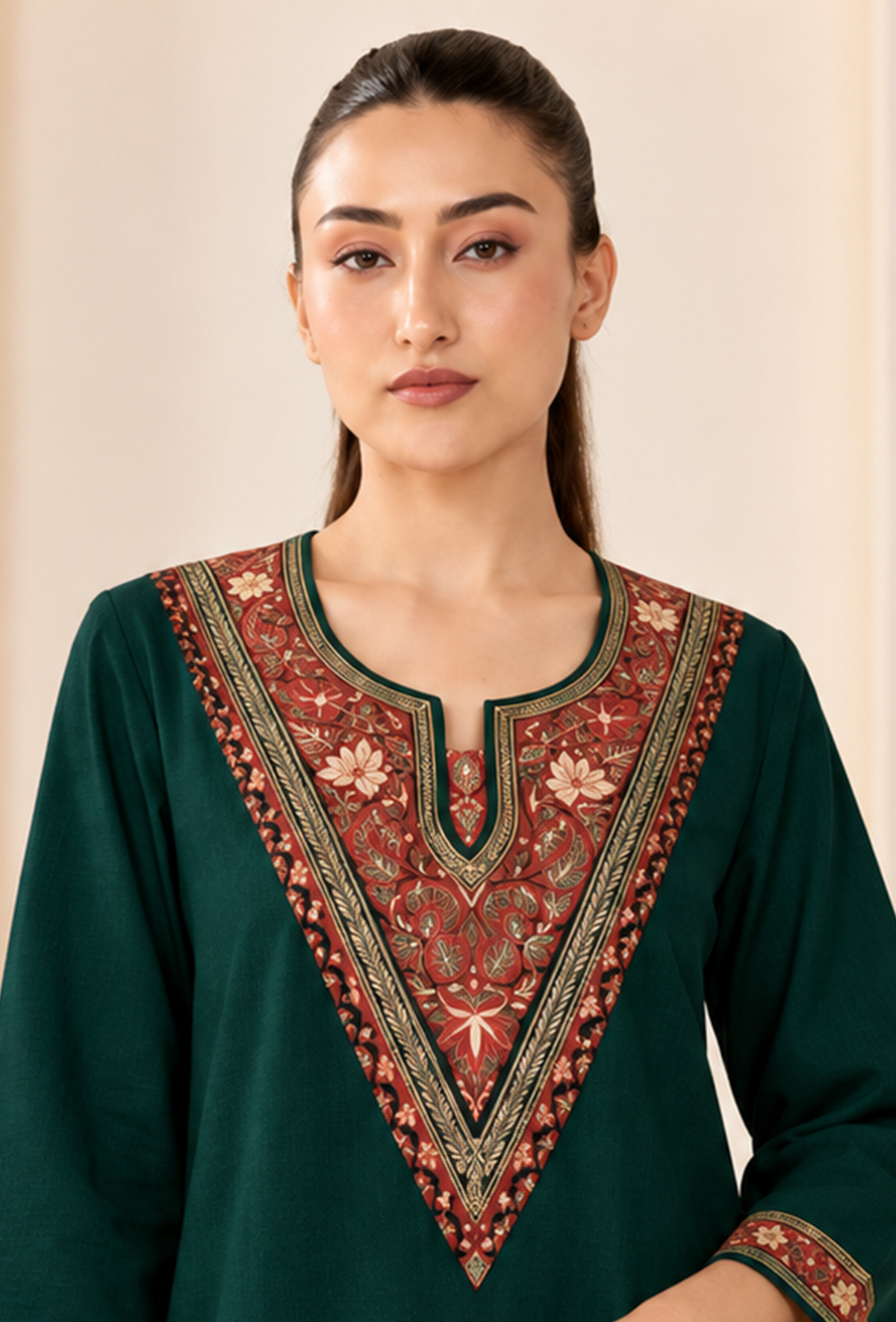 Emerald Cashmilon Kashmiri Embroidered Lace Heritage V-Neck Phiran サイズ フリーサイズ