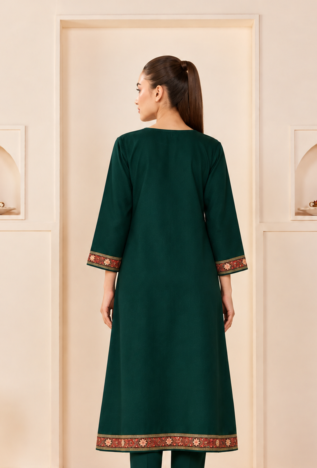 Emerald Cashmilon Kashmiri Embroidered Lace Heritage V-Neck Phiran サイズ フリーサイズ
