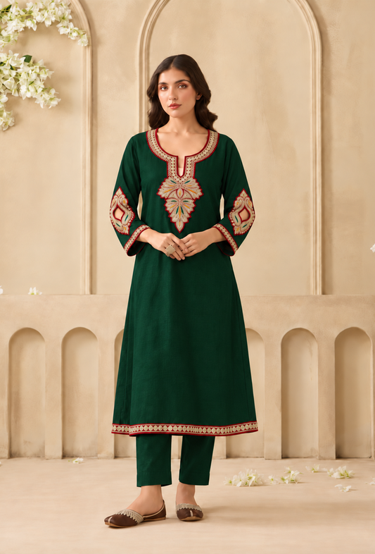 Set of 2: Emerald Cashmilon Kashmiri Embroidered Lace Phiran with Pant パンツ M