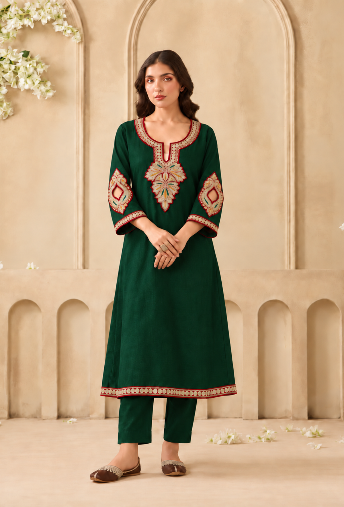 Set of 2: Emerald Cashmilon Kashmiri Embroidered Lace Phiran with Pant パンツ M