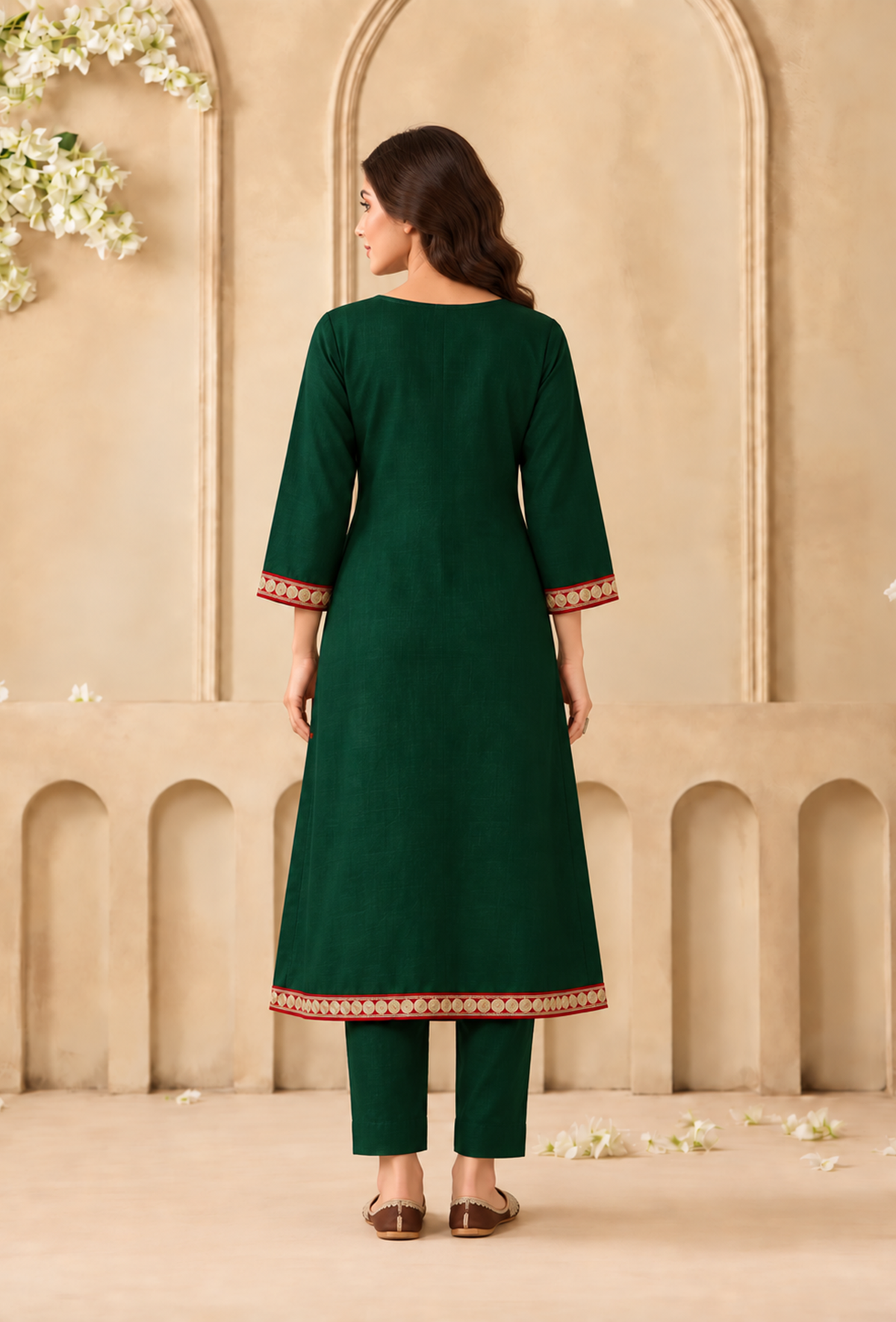 Set of 2: Emerald Cashmilon Kashmiri Embroidered Lace Phiran with Pant パンツ M