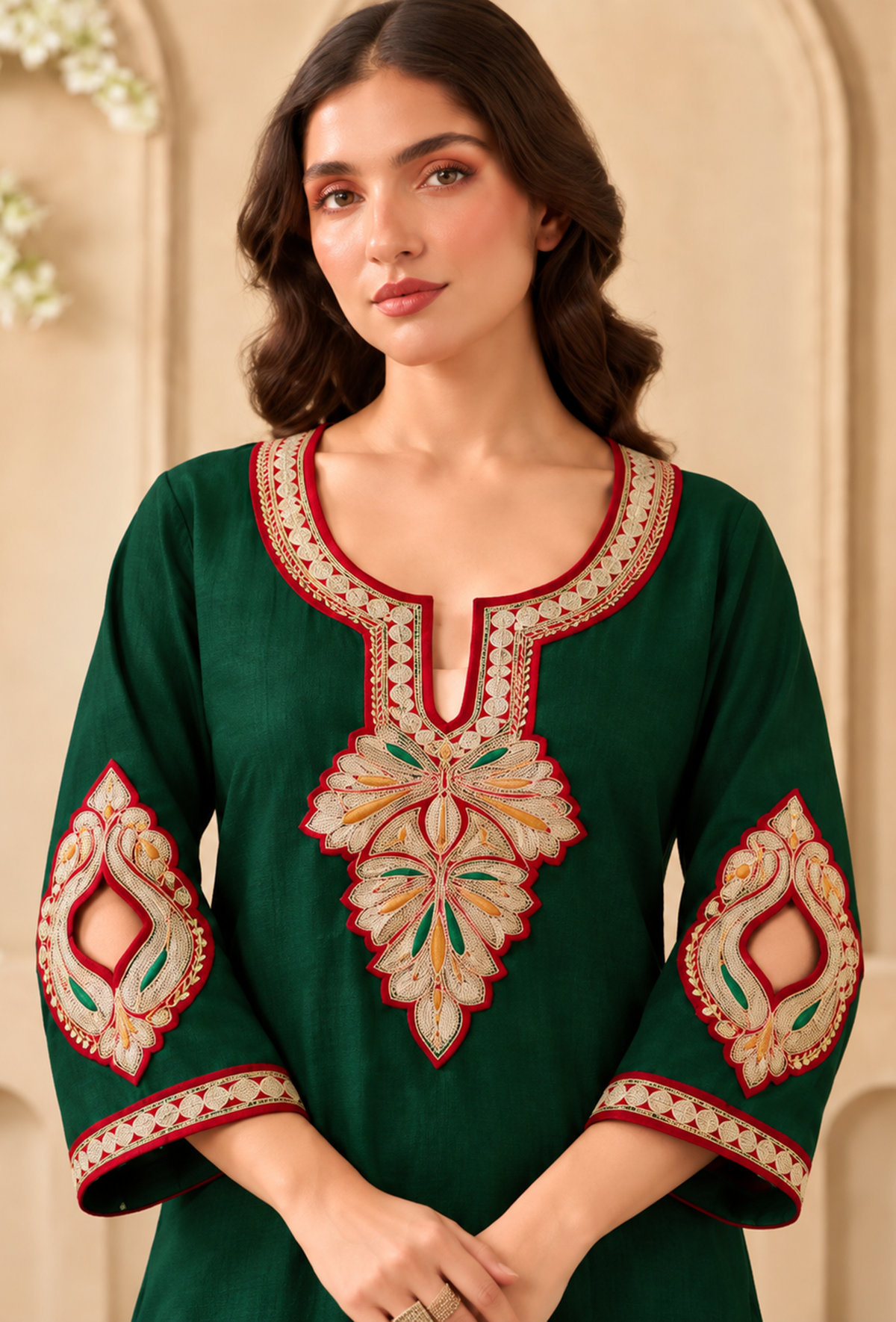 Set of 2: Emerald Cashmilon Kashmiri Embroidered Lace Phiran with Pant パンツ S