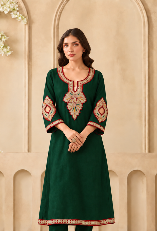 Emerald Cashmilon Kashmiri Royal Embroidered Lace Phiran サイズ フリーサイズ