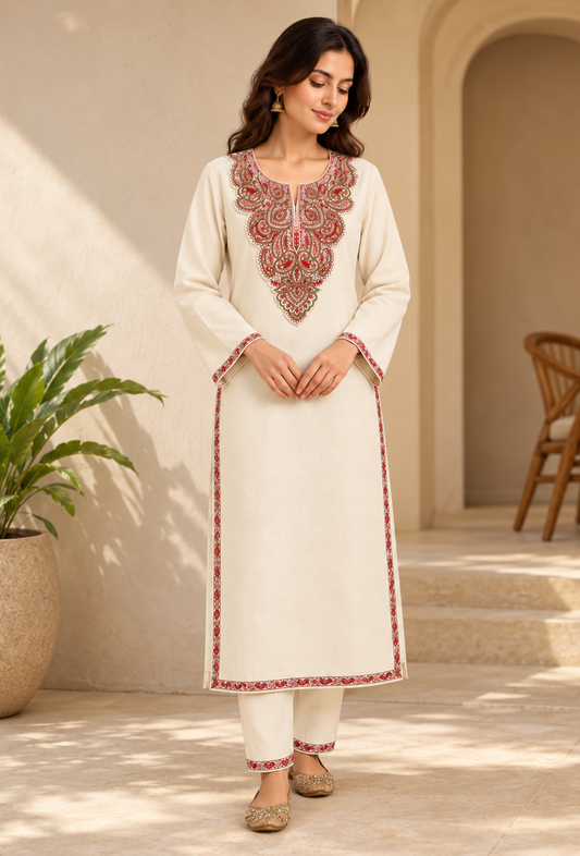 Set of 2: Ivory Cashmilon Kashmiri Heritage Embroidered Lace Phiran with Pant パンツ M