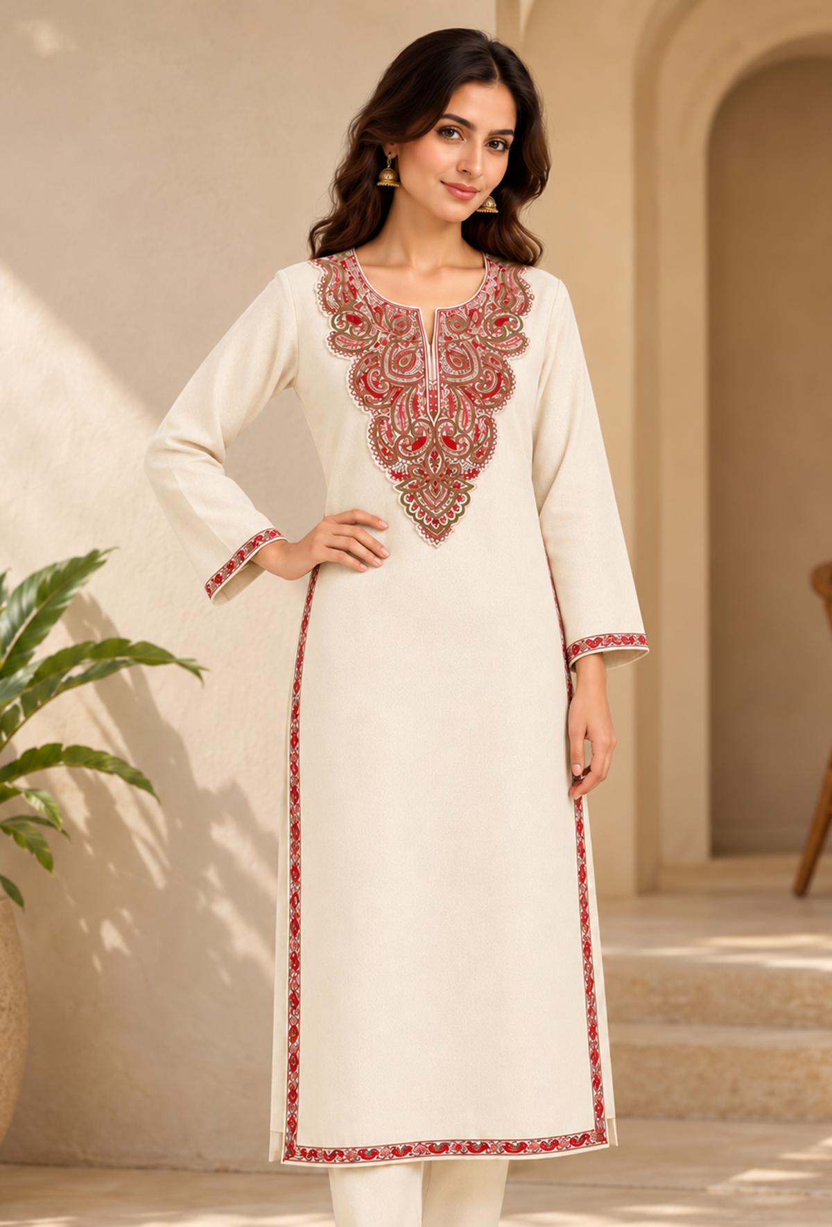 Ivory Cashmilon Kashmiri Royal Embroidered Lace Phiran サイズ フリーサイズ