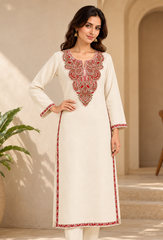Ivory Cashmilon Kashmiri Royal Embroidered Lace Phiran サイズ フリーサイズ