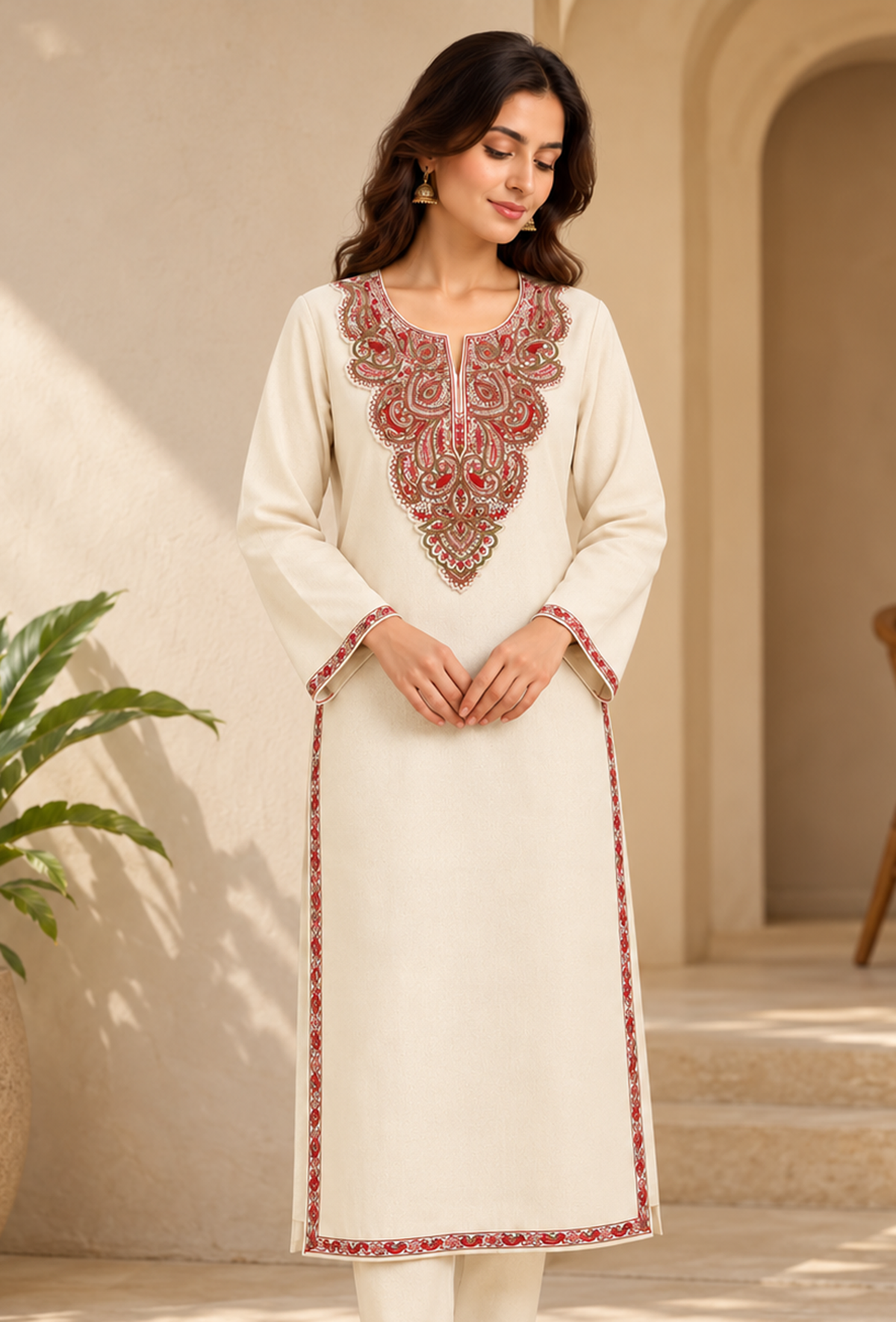 Ivory Cashmilon Kashmiri Royal Embroidered Lace Phiran サイズ フリーサイズ
