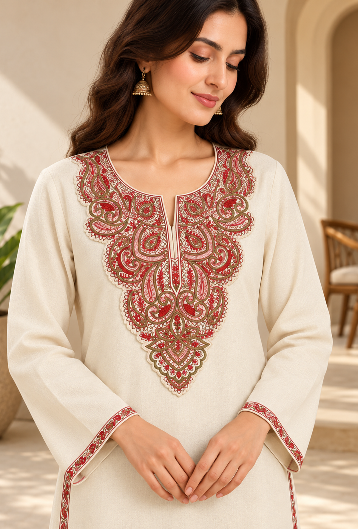 Ivory Cashmilon Kashmiri Royal Embroidered Lace Phiran サイズ フリーサイズ