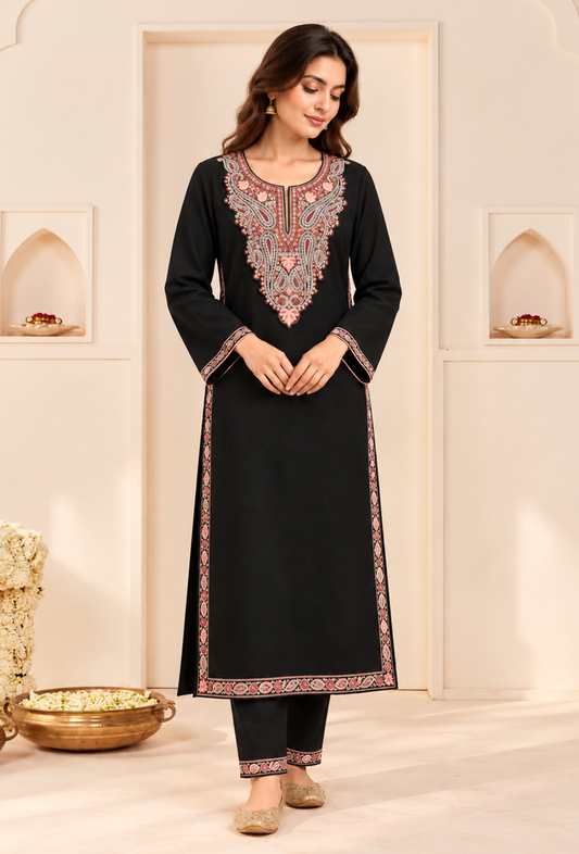 Set of 2: Noor Black Cashmilon Kashmiri Embroidered Lace Phiran & Pant Set パンツ M