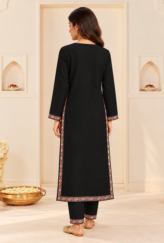 Set of 2: Noor Black Cashmilon Kashmiri Embroidered Lace Phiran & Pant Set パンツ M