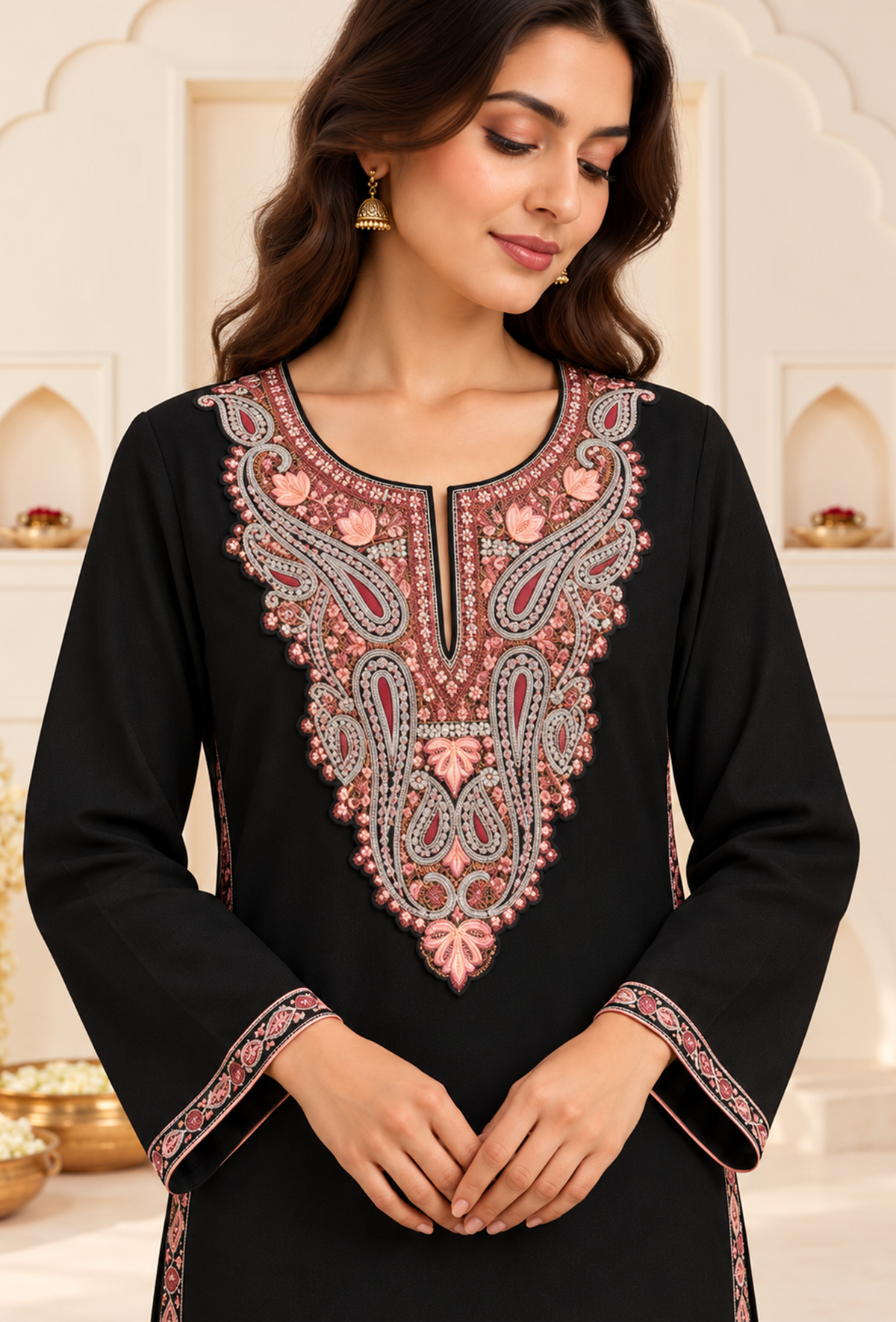 Noor Black Cashmilon Kashmiri Embroidered Lace Phiran サイズ フリーサイズ
