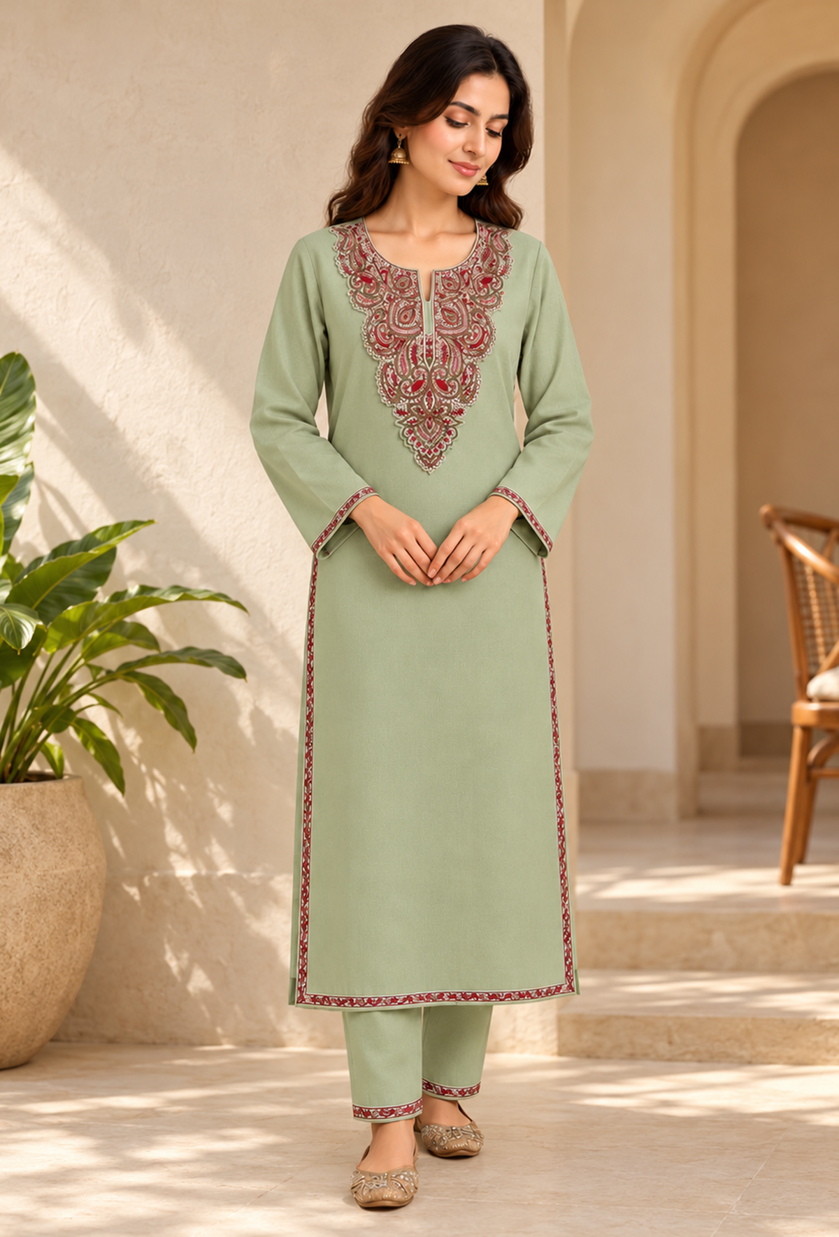 Set of 2: Sage Green Cashmilon Kashmiri Embroidered Lace Phiran & Pant Set パンツ XL