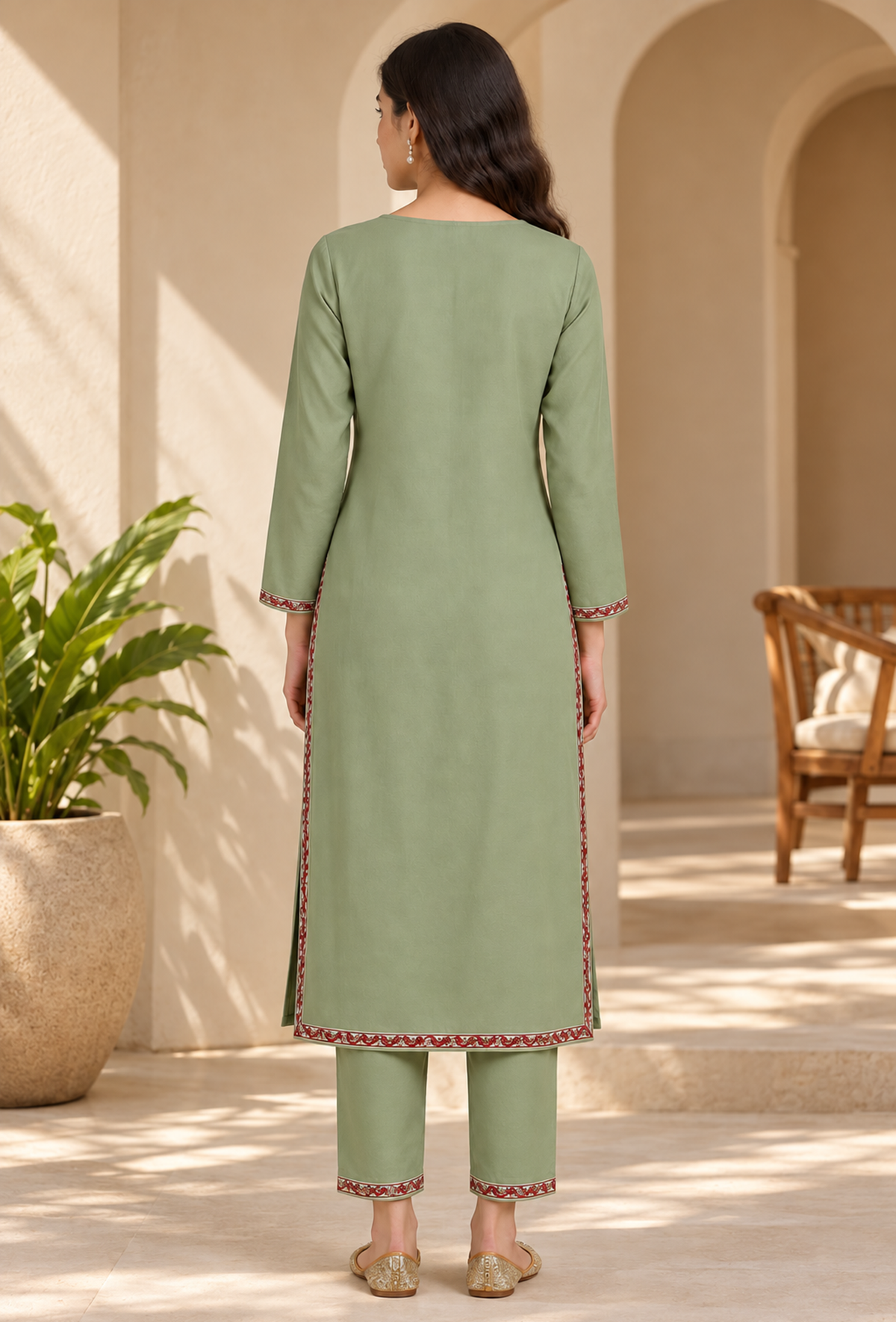 Set of 2: Sage Green Cashmilon Kashmiri Embroidered Lace Phiran & Pant Set パンツ XS