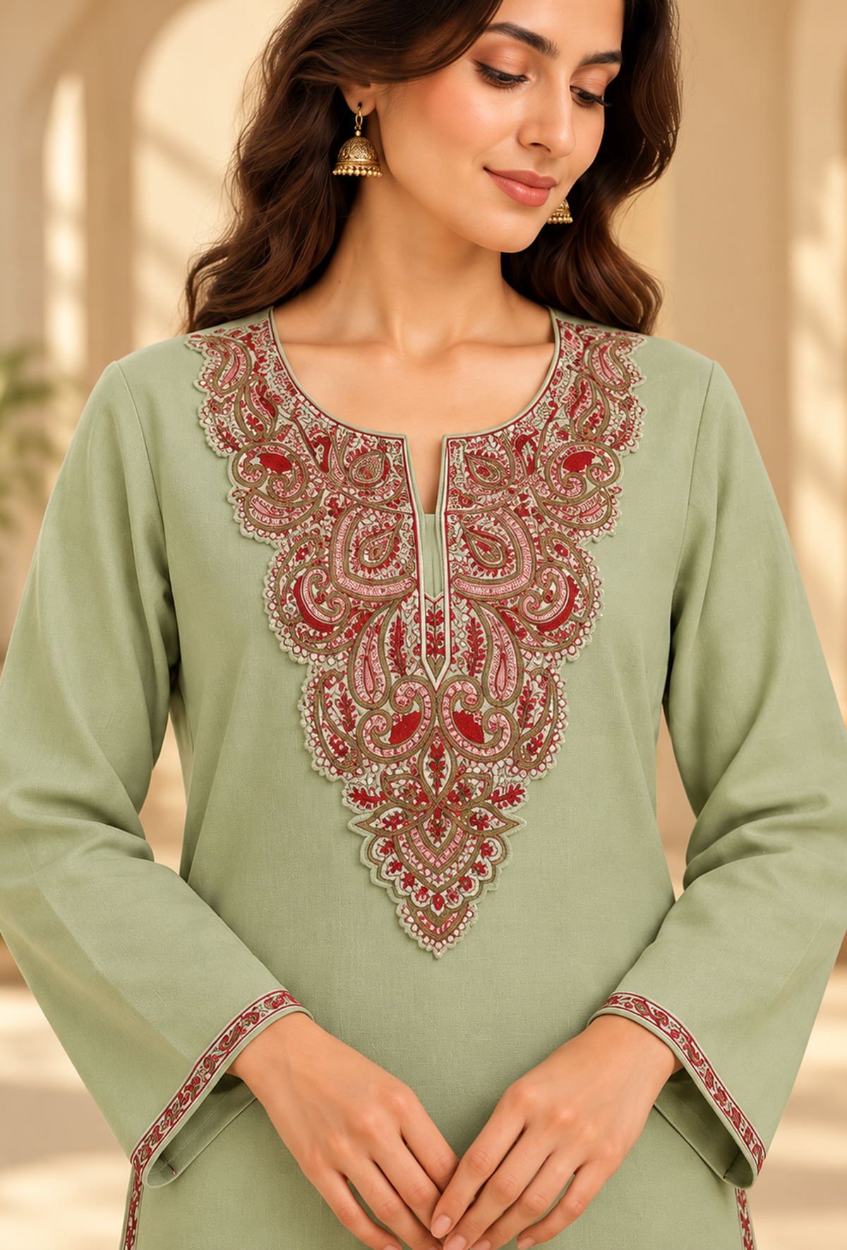 Set of 2: Sage Green Cashmilon Kashmiri Embroidered Lace Phiran & Pant Set パンツ XS