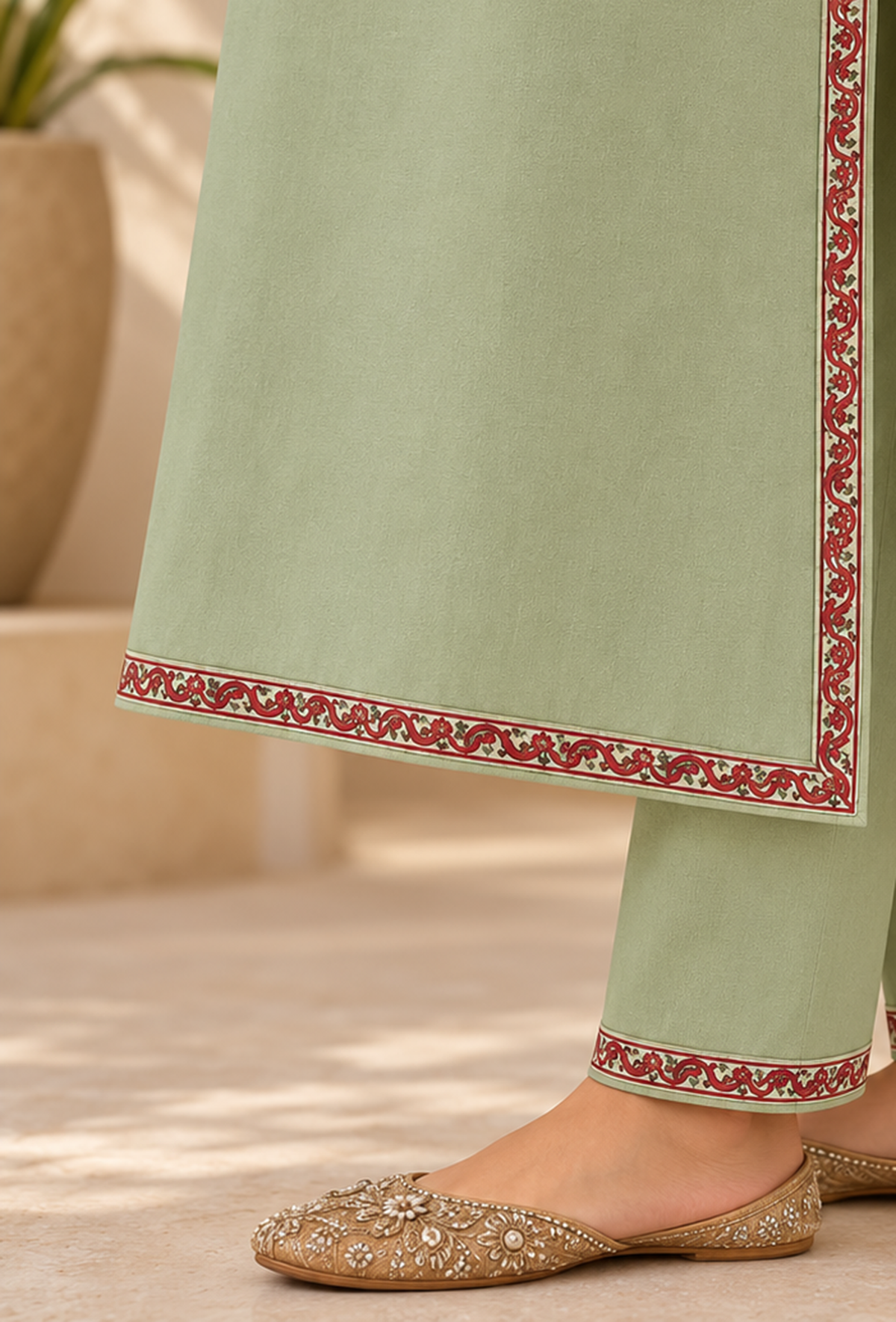 Set of 2: Sage Green Cashmilon Kashmiri Embroidered Lace Phiran & Pant Set パンツ XS