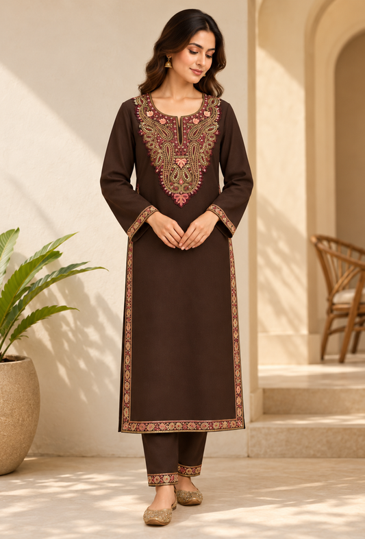 Set of 2: Mahogany Brown Cashmilon Kashmiri Embroidered Lace Phiran & Pant Set パンツ M