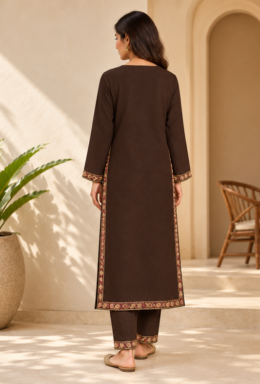 Set of 2: Mahogany Brown Cashmilon Kashmiri Embroidered Lace Phiran & Pant Set パンツ M