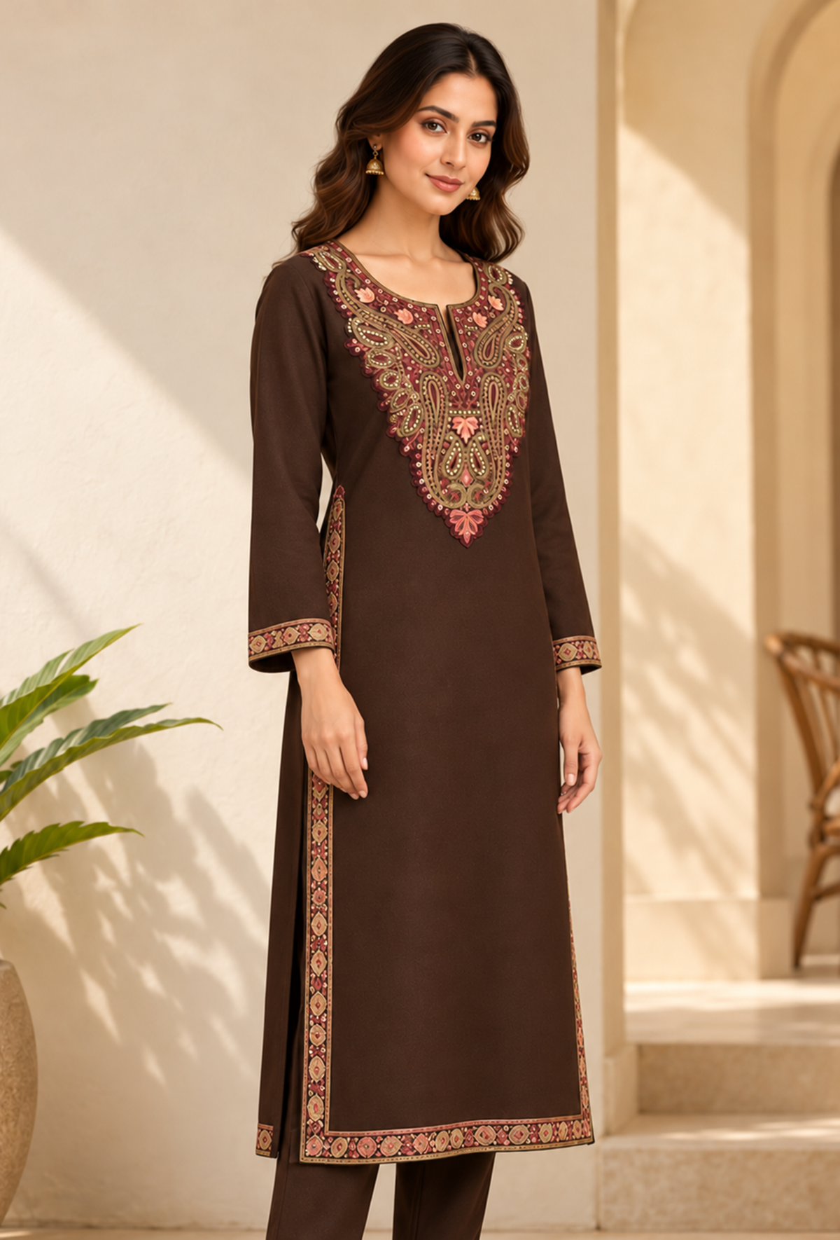 Mahogany Brown Cashmilon Kashmiri Embroidered Lace Phiran サイズ フリーサイズ