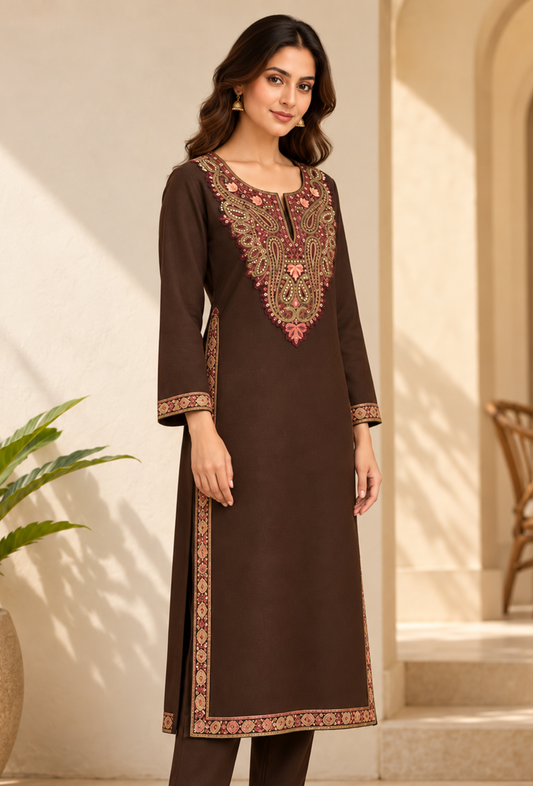 Mahogany Brown Cashmilon Kashmiri Embroidered Lace Phiran サイズ フリーサイズ