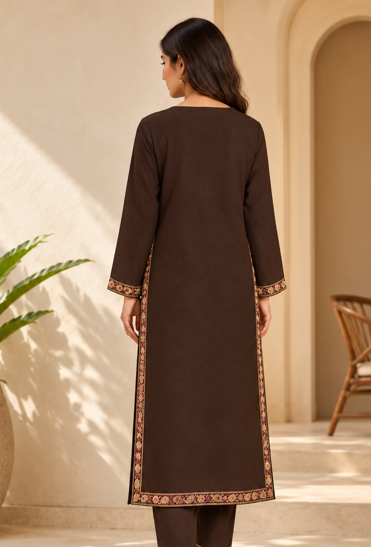 Mahogany Brown Cashmilon Kashmiri Embroidered Lace Phiran サイズ フリーサイズ
