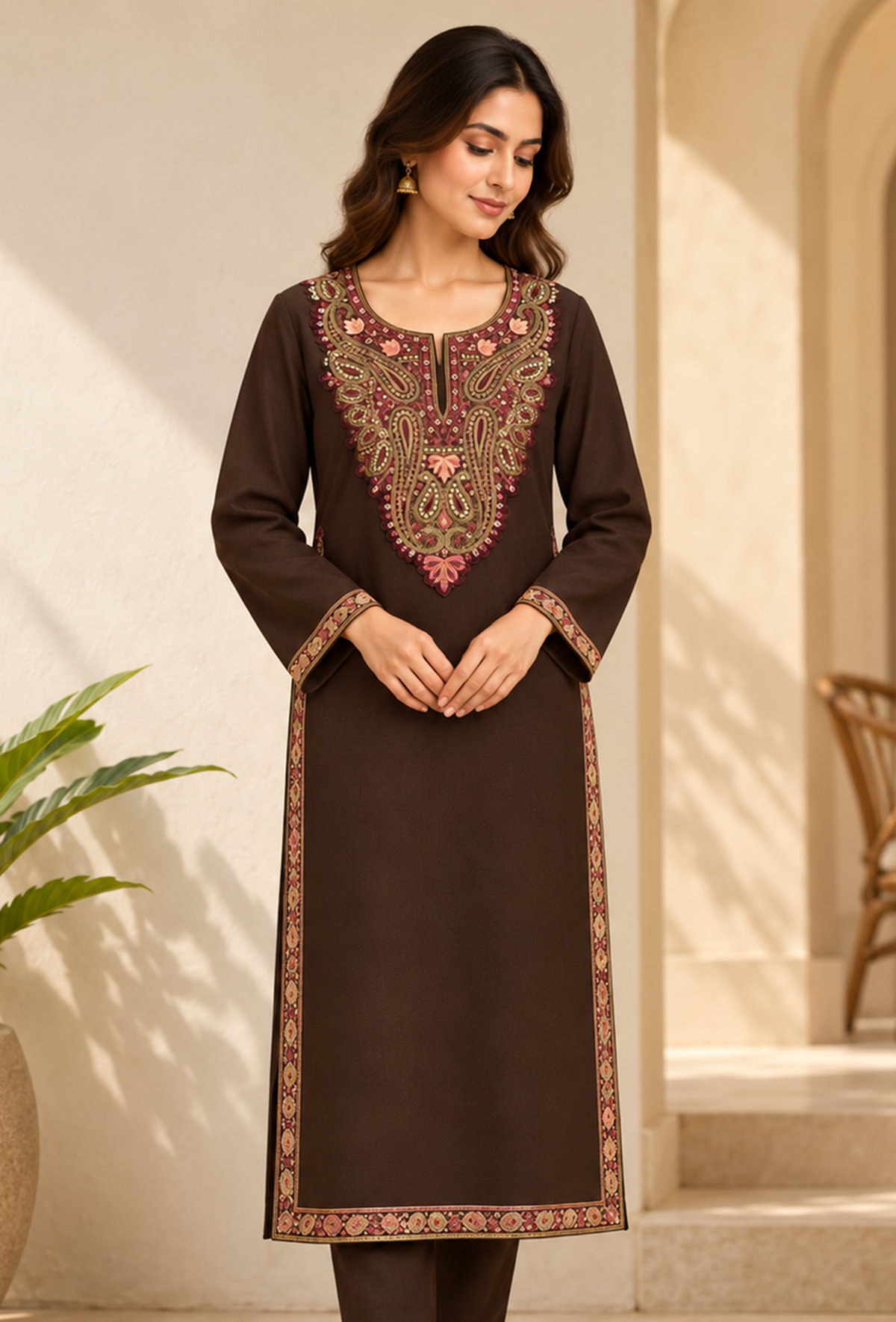 Mahogany Brown Cashmilon Kashmiri Embroidered Lace Phiran サイズ フリーサイズ