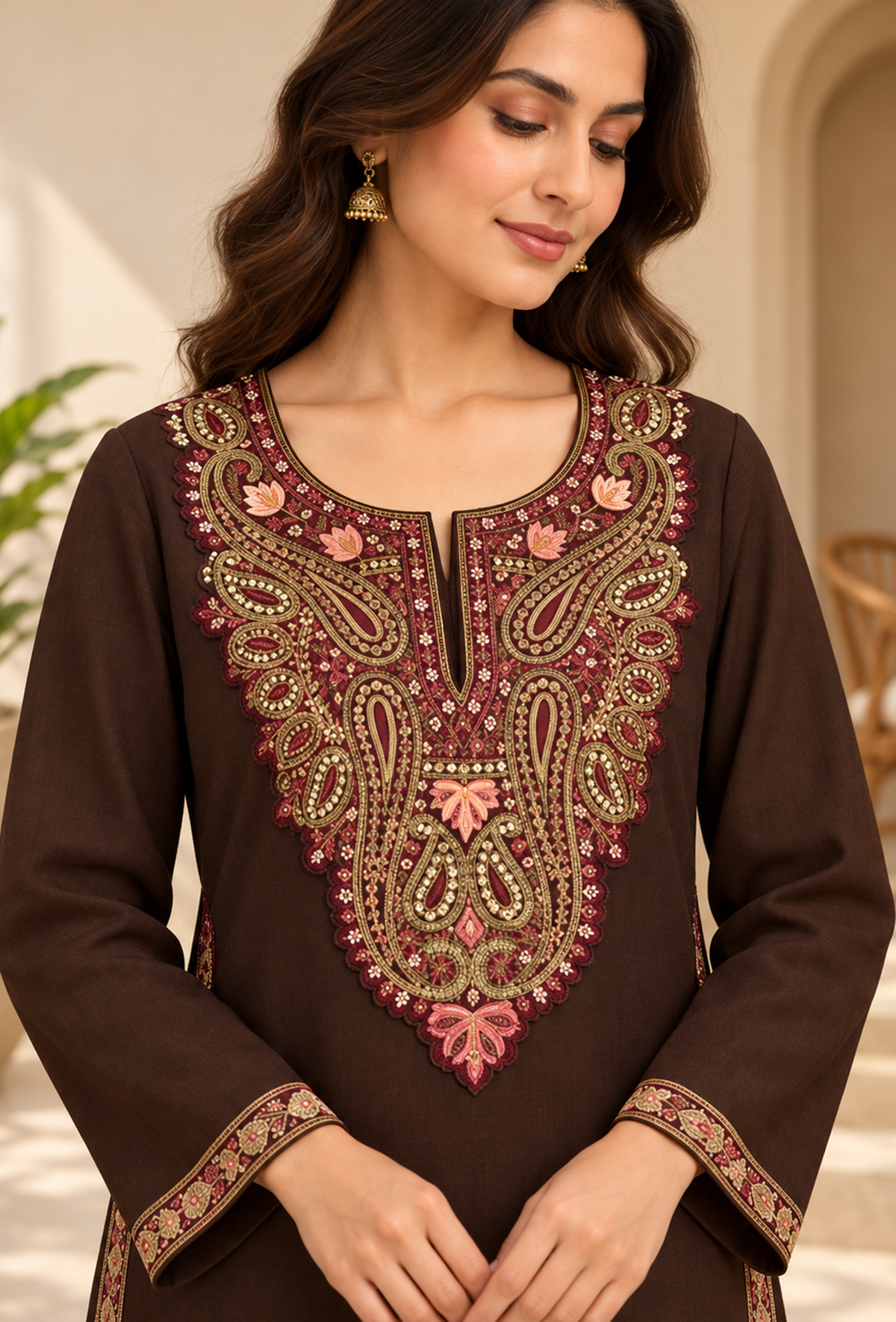 Mahogany Brown Cashmilon Kashmiri Embroidered Lace Phiran サイズ フリーサイズ